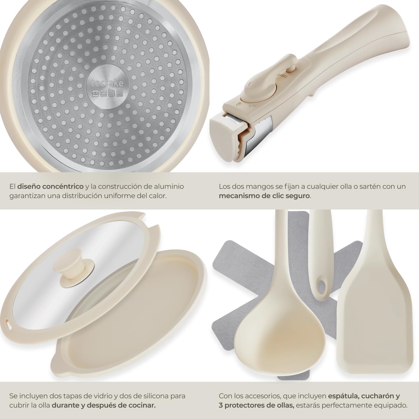 tectake® Juego de Cocina 16 Piezas Apto para Inducción, Incluye 2 Ollas Cocina Grandes, 3 Sartenes, Todo con Recubrimiento Cerámico Antiadherente y con Asas Extraíbles, Cocinas Completas - Blanco