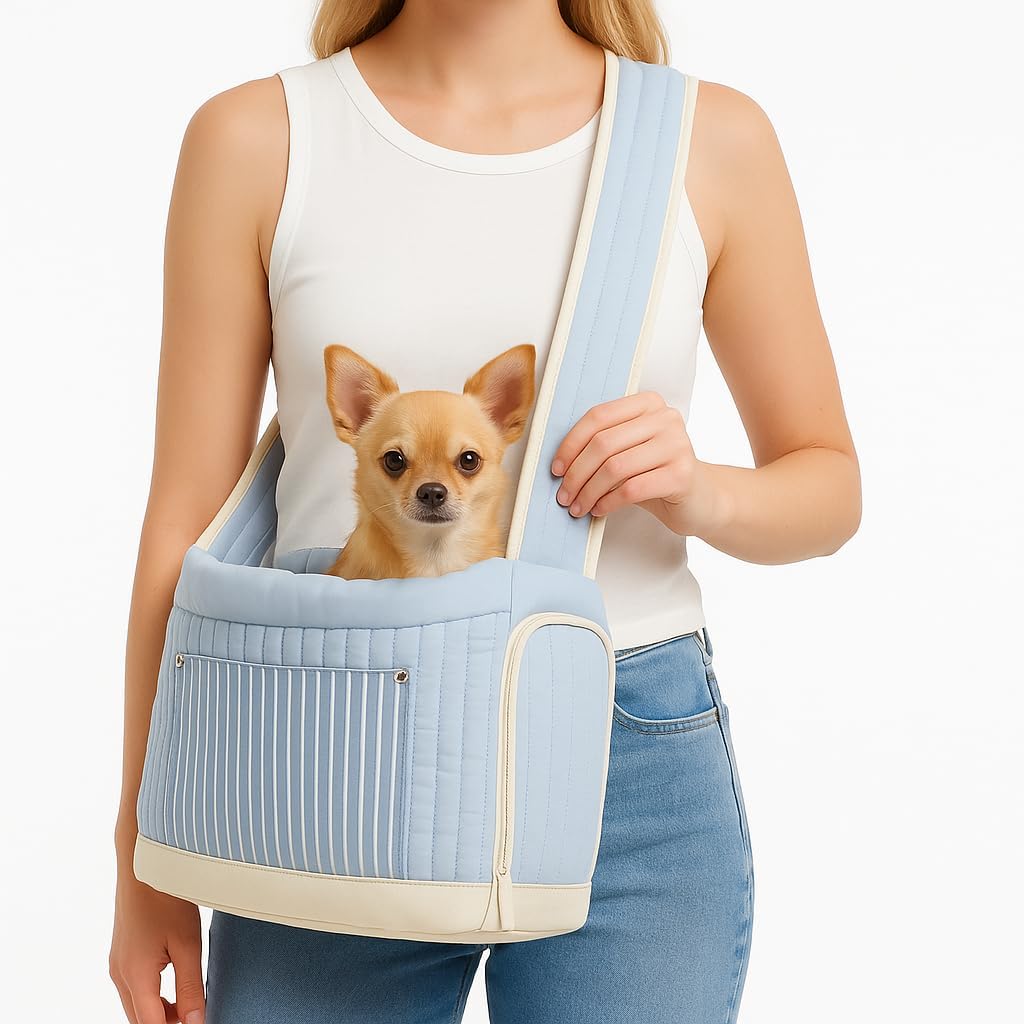 Stylish Quilted Dog Sling Carrier – Hands-Free Pet Shoulder Bag for Small Dogs & Cats, Breathable & Secure Travel Tote up to 12 lbs, Blue