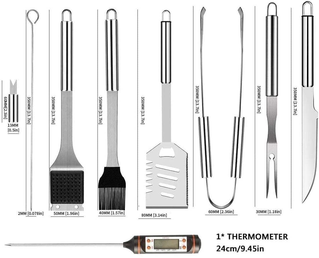 Set di Utensili per Barbecue, Accessori per Barbecue in Acciaio Inox con termometro per Carne e iniettore, Kit Completo per grigliate per buongustai, cuochi e a