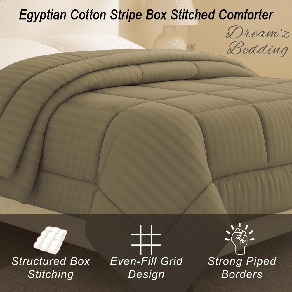 Luxury 350 Thread Count 100 GSM Fiber Fill 1pc Comforter RV Champer Short Queen Size, Taupe Stripe 100% Egyptian Cotton