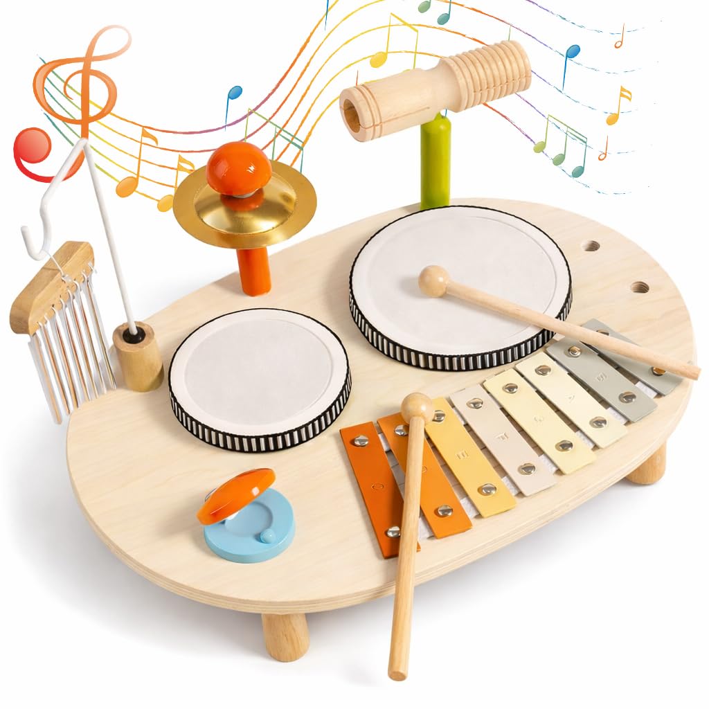 Baby Drum Set Montessori Toys for 1 Year Old Wooden Musical Toy for Toddlers 1-3 Baby Musical Instruments