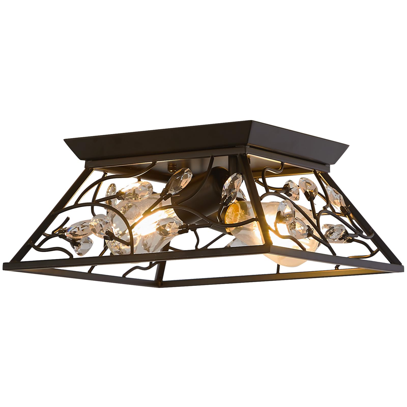 SHENGQINGTOP Modern 2-Light Flush Mount Ceiling Light with K9 Crystal 12.2 Inch Farmhouse Metal Cage Lighting Fixture for Kitchen Island Dining Room Bedroom Foyer Hallway Front Porch, Matte Black