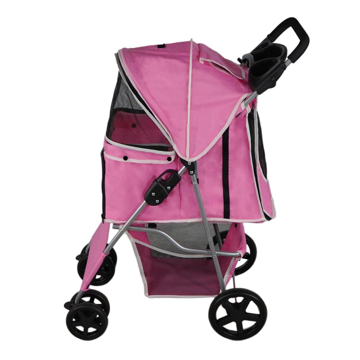 Passeggino per animali domestici Passeggino Rosa Trasportino da Viaggio Pieghevole Portata 15kg 4 Ruote Freni Gatto Cane Gancio di Sicurezza Cuscino GRATIS Copertura Antipioggia Impermeabile