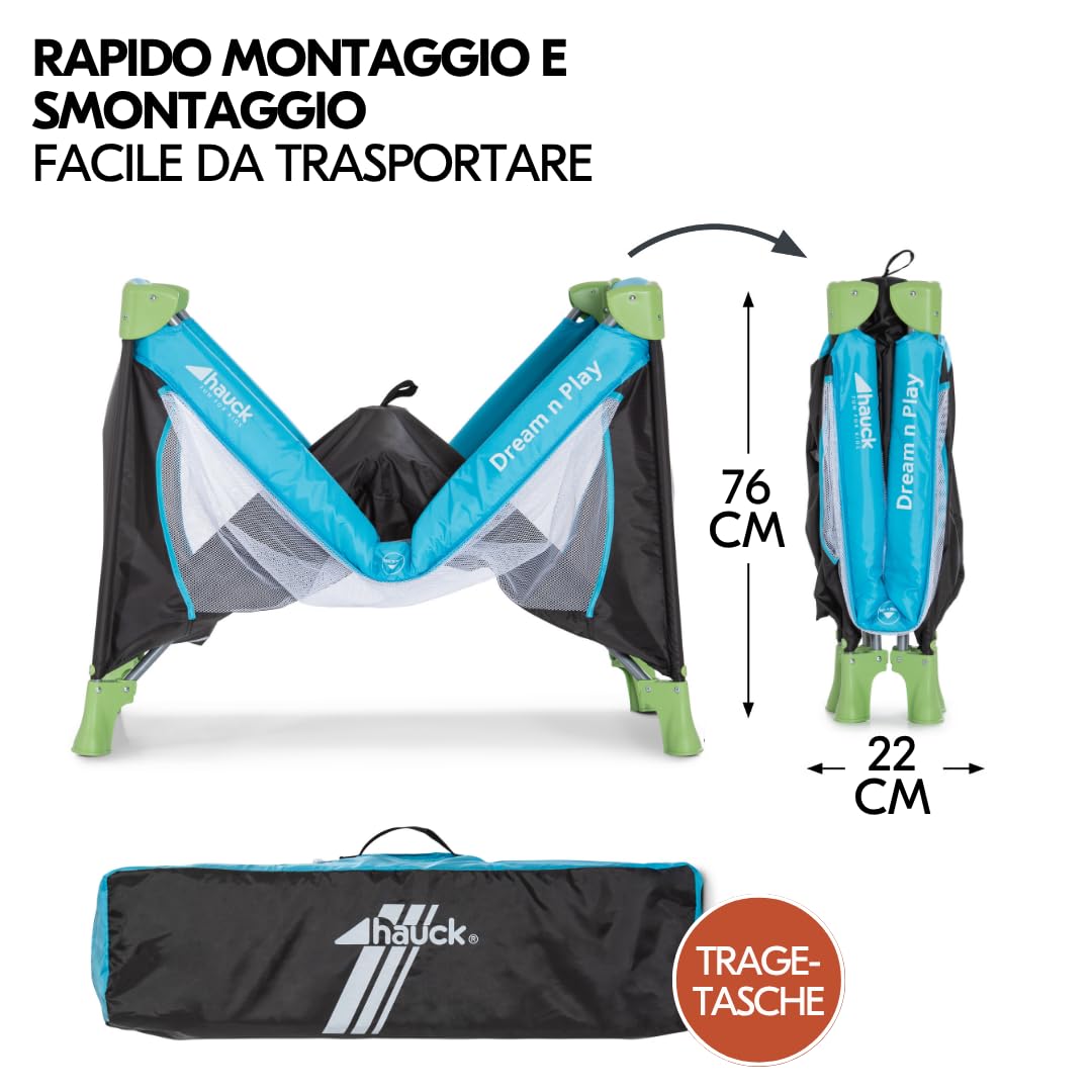 hauck Set Dream N Play Culla Neonato con Materasso Alvi 120x60cm - Lettino Neonato da Viaggio Pieghevole - Lettino da Campeggio con Borsa e Zanzariera - (Blu acqua)