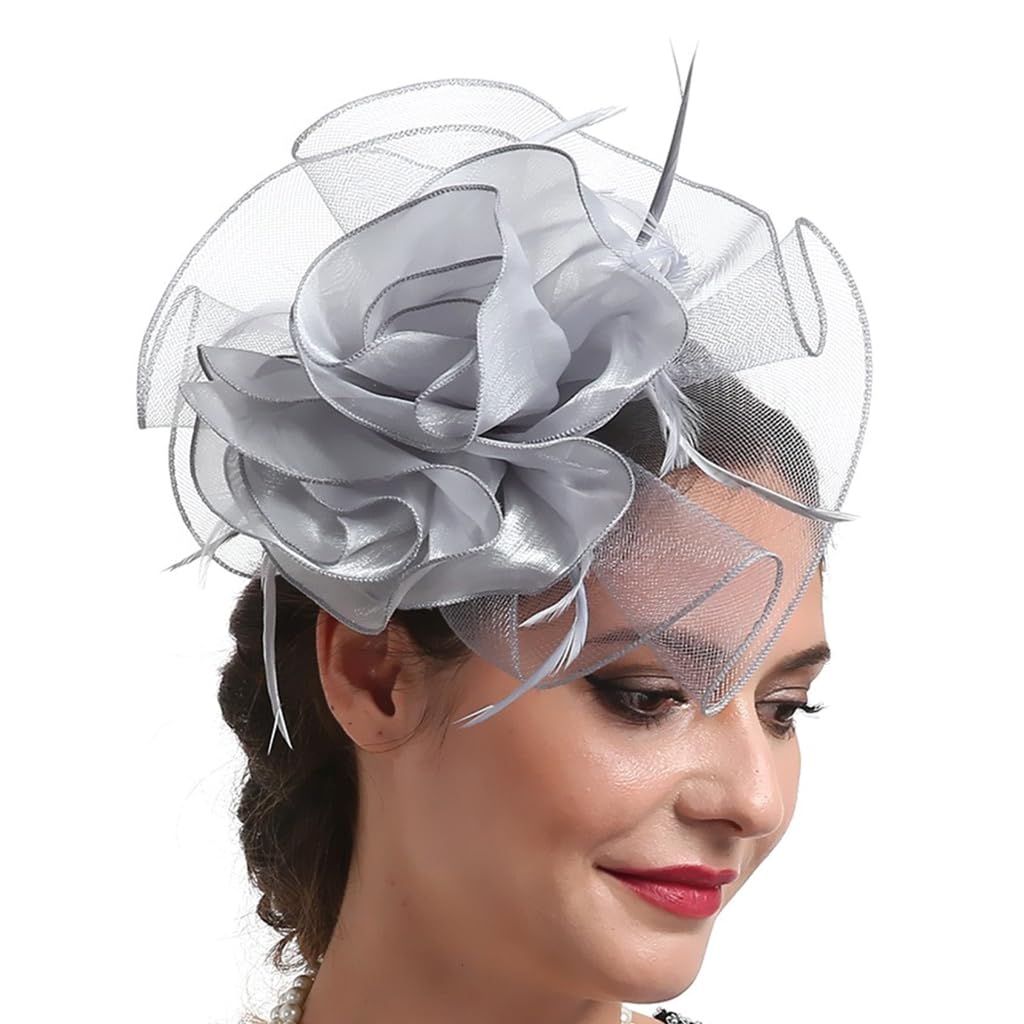 Hinayosan Unisex Gray Teaparty Hat Cocktails Party Mesh Hat Hair Clip Female Mesh Flower Fascinator Hat Headpiece Role Play Accessory Headwear