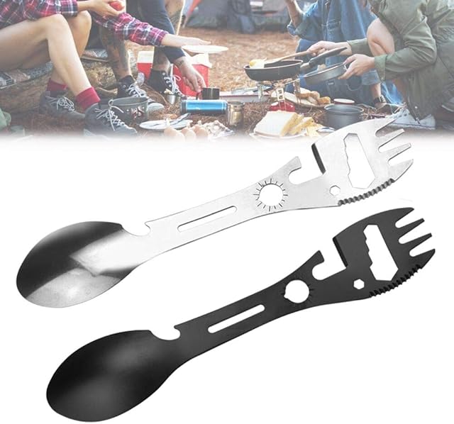 SNAGAROG 2 Pcs Camping Sporks, 8-in-1 Stainless Steel Spork Outdoor Spoon Fork Multi function Camping Cutlery with Can & Bottle Opener, Wrench for Outdoor Camping, Hiking, Fishing (Black & Silver)