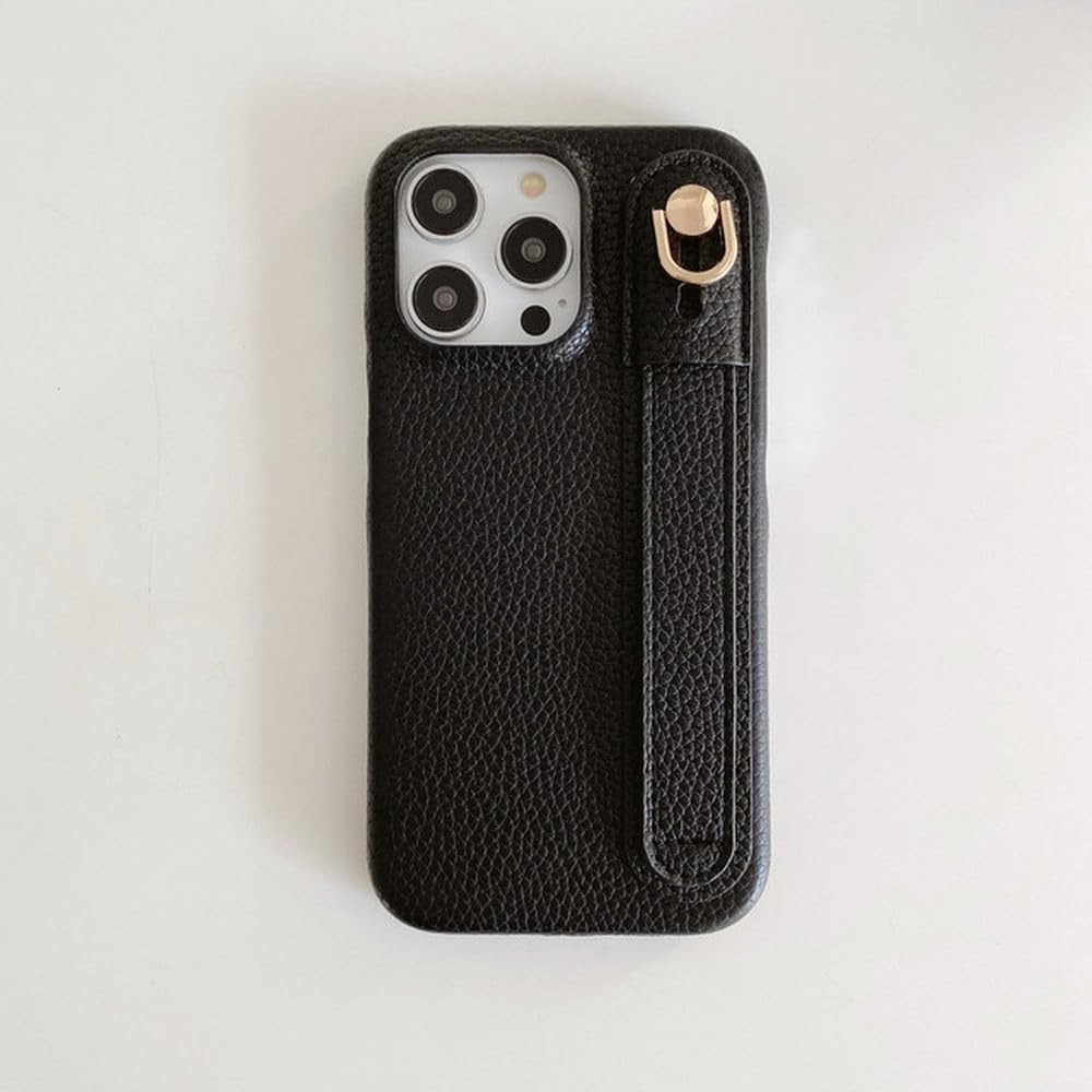 Étui en cuir iPhone 14 Pro chic motif litchi luxe avec dragonne