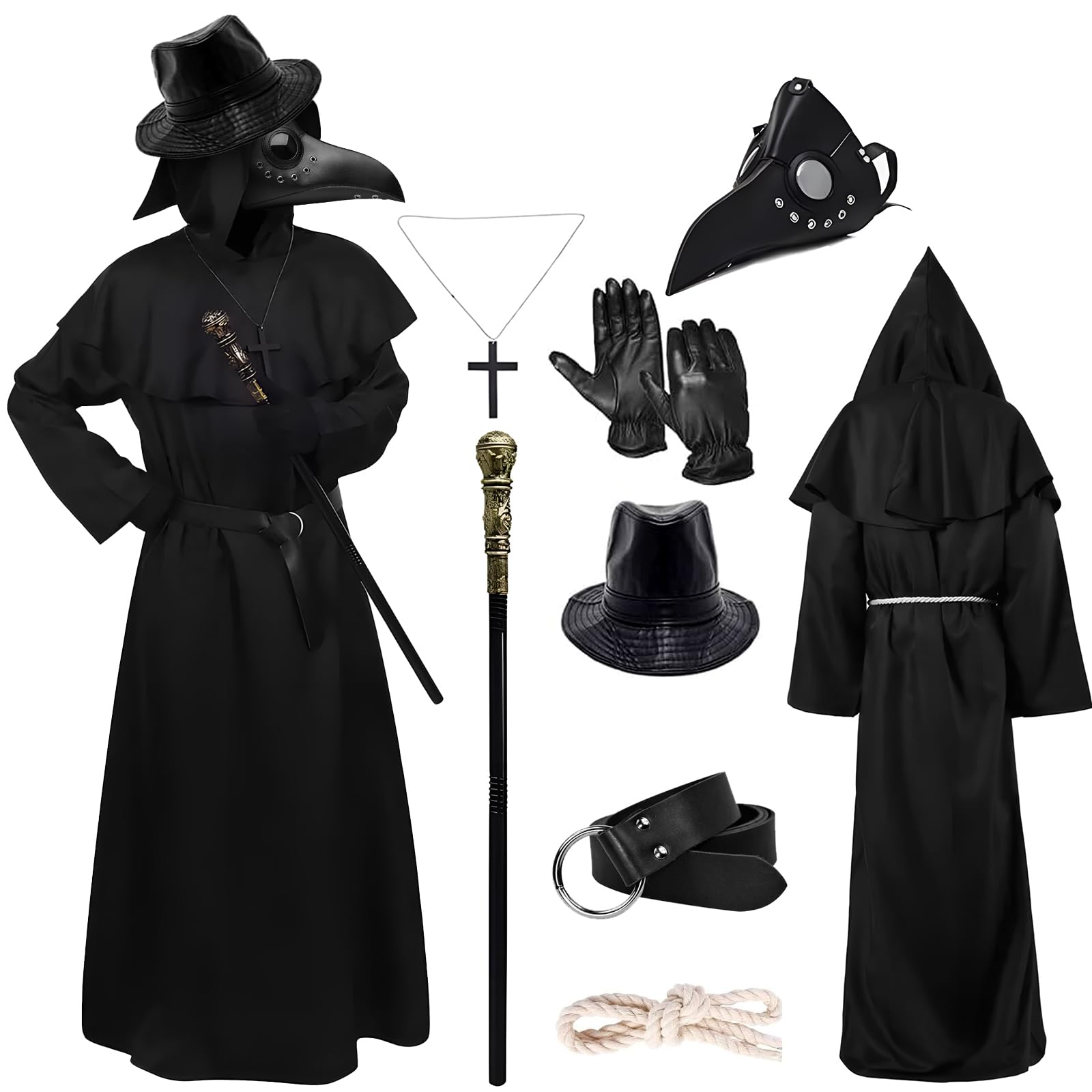 Disfraz Medico Peste Negra, Disfraz Peste Negra con Mascara Peste Sombrero, Hombre Plague Doctor Costume para Halloween Cosplay Carnevale