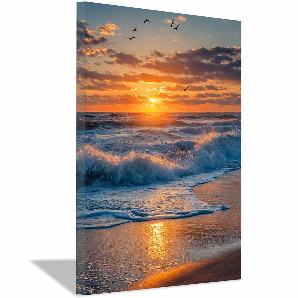 HOQIU Wall art for home decor Golden Beaches es Wavess Sunrises canvas artwork for wall, art prints, For living room, bedroom, bathroom, dining room, painting and decor.(Multicolor)-70x100cm Framed