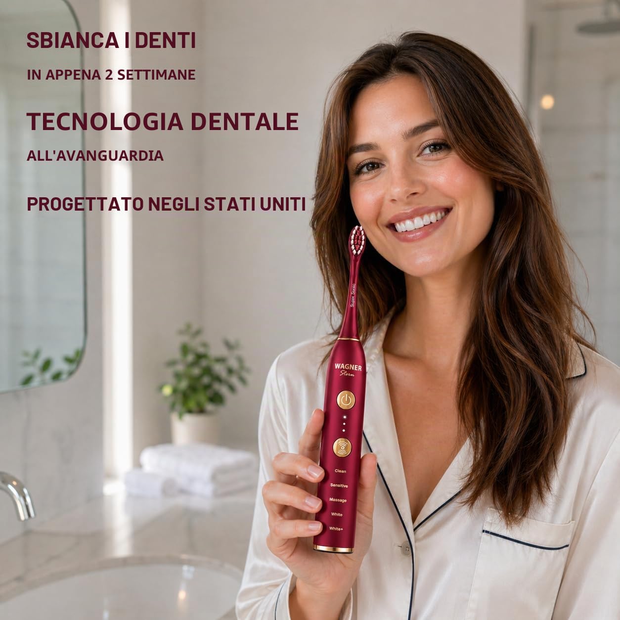 Wagner Stern Edizione WHITEN+. Spazzolino elettrico con sensore di pressione, 5 modalità, 3 intensità, 8 testine, custodia da viaggio. (cremisi)