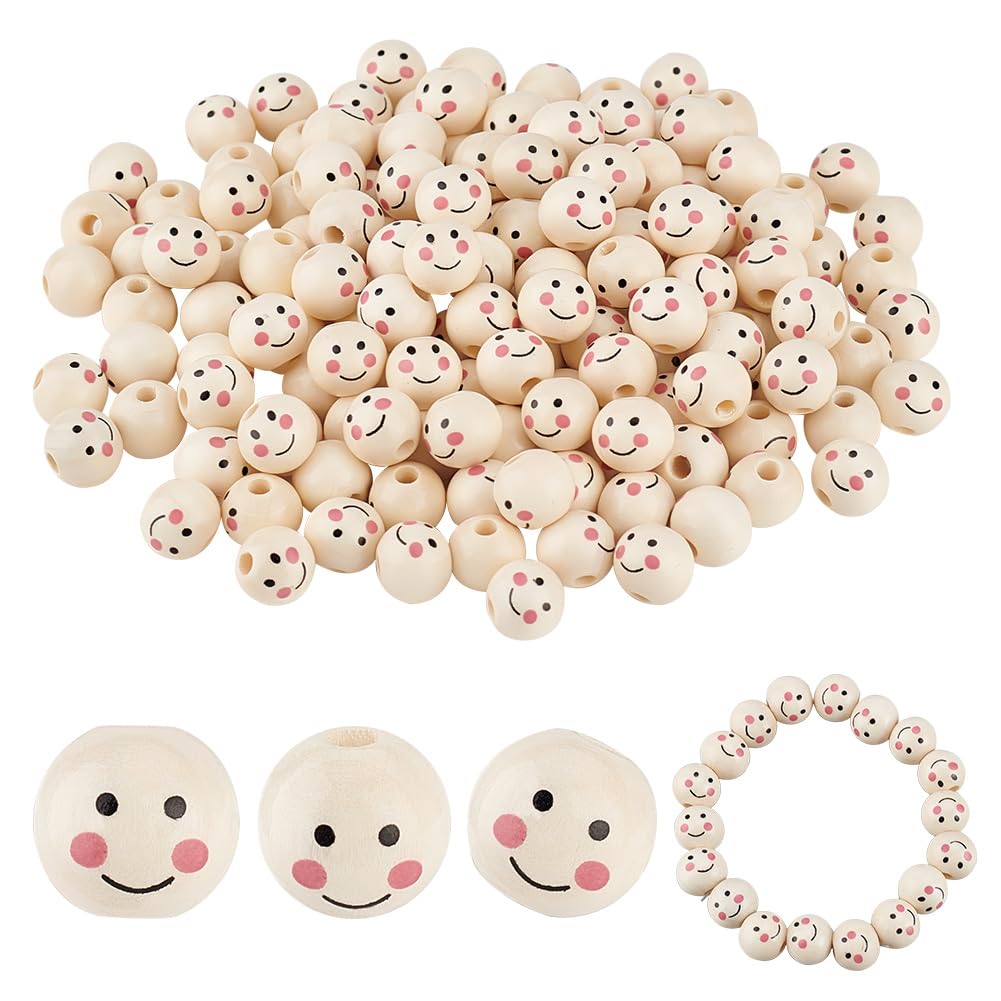 Perles en bois 12mm visage souriant pour personnaliser vos créations de bijoux