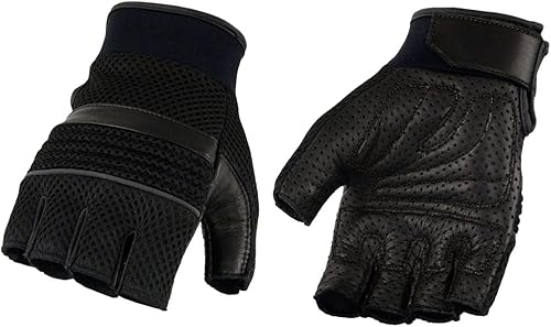 Milwaukee Leather MG7504 - Guantes de mano de motocicleta sin dedos para hombre, malla perforada, color negro, con ribete reflectante