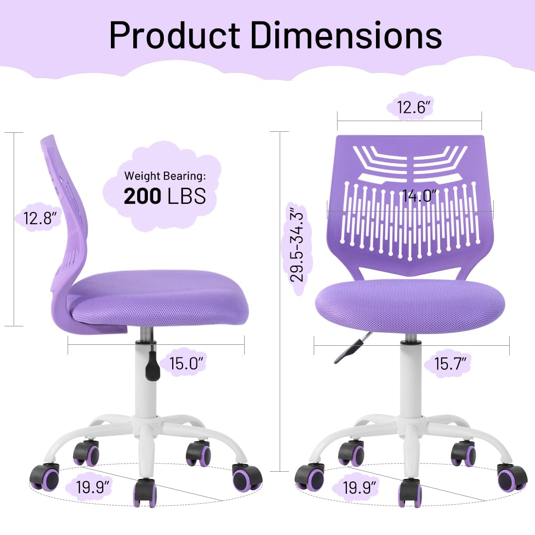 FurnitureR Colourful, Modern Adjustable Design Computer Seat, Swivel Armless Desk, Kids Study Room Home Office Task Chair, viola, metallo, 38,5 cm x 40 cm x 75-87 cm