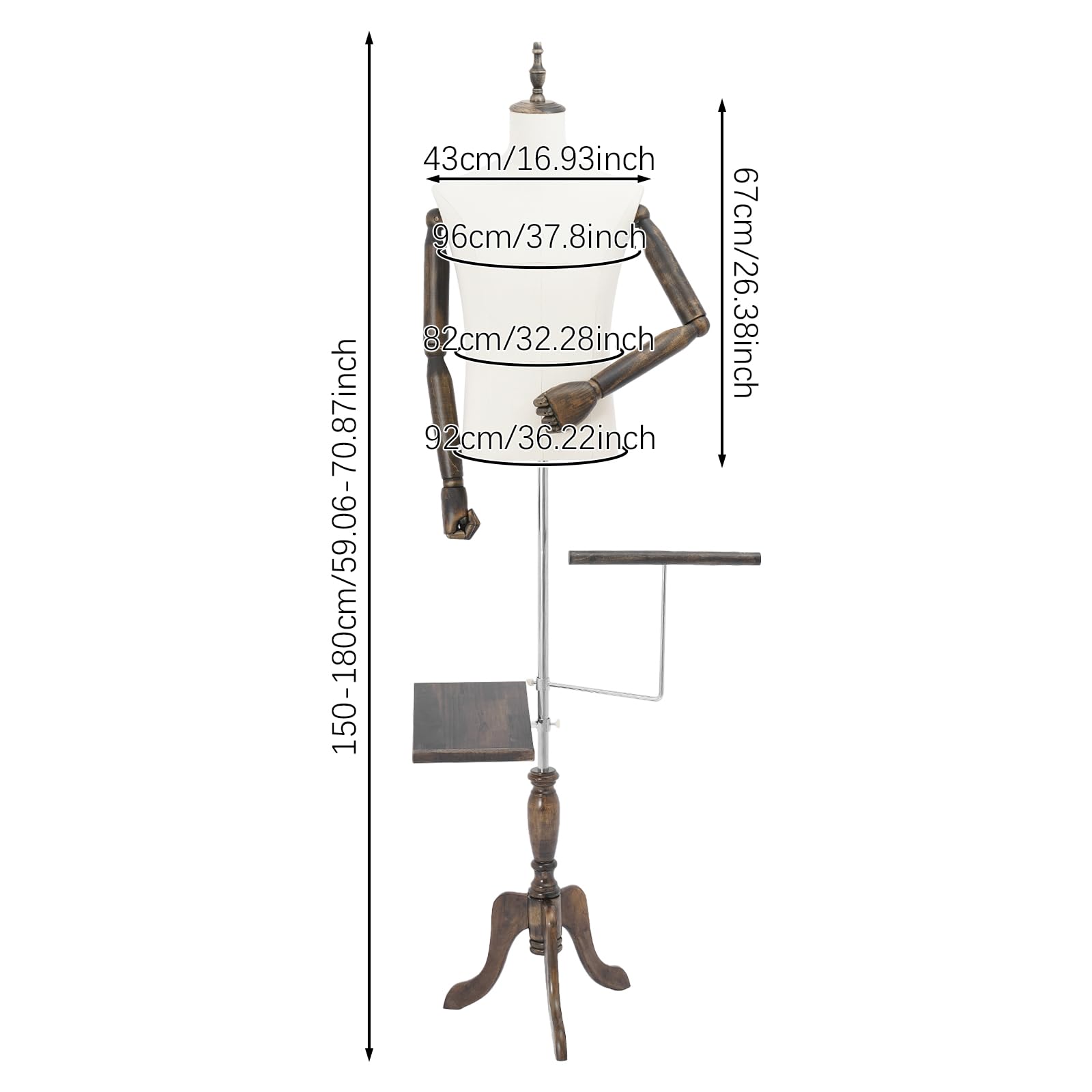Męski manekin wystawowy, regulacja wysokości 150-180 cm, manekin z drewnianymi ramionami, powłoką z materiału i podstawą statywu, manekin na garnitury/kurtki/koszule, manekin krawiecki, biały, styl