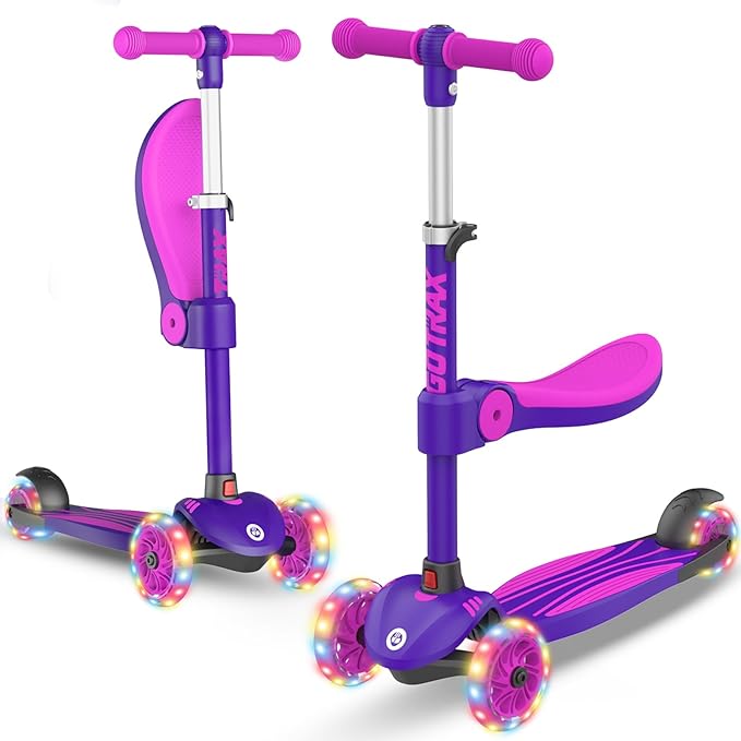 Gotrax KS3 Trottinette pour enfants (3+), roues LED, guidon réglable, siège amovible, direction par inclinaison et plateau élargi antidérapant — jusqu'à 110 lbs