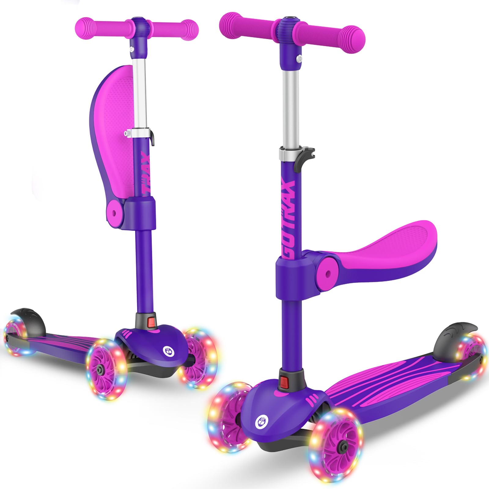 Gotrax KS3 Kids Kick Scooter, LED Lighted Wheels, Adjustable Height Handlebars and Removable Seat, Lean-to-Steer & Widen Anti-Slip Deck, 3 Wheel Scooter for Kids Ages 3+ and up to 110 Lbs