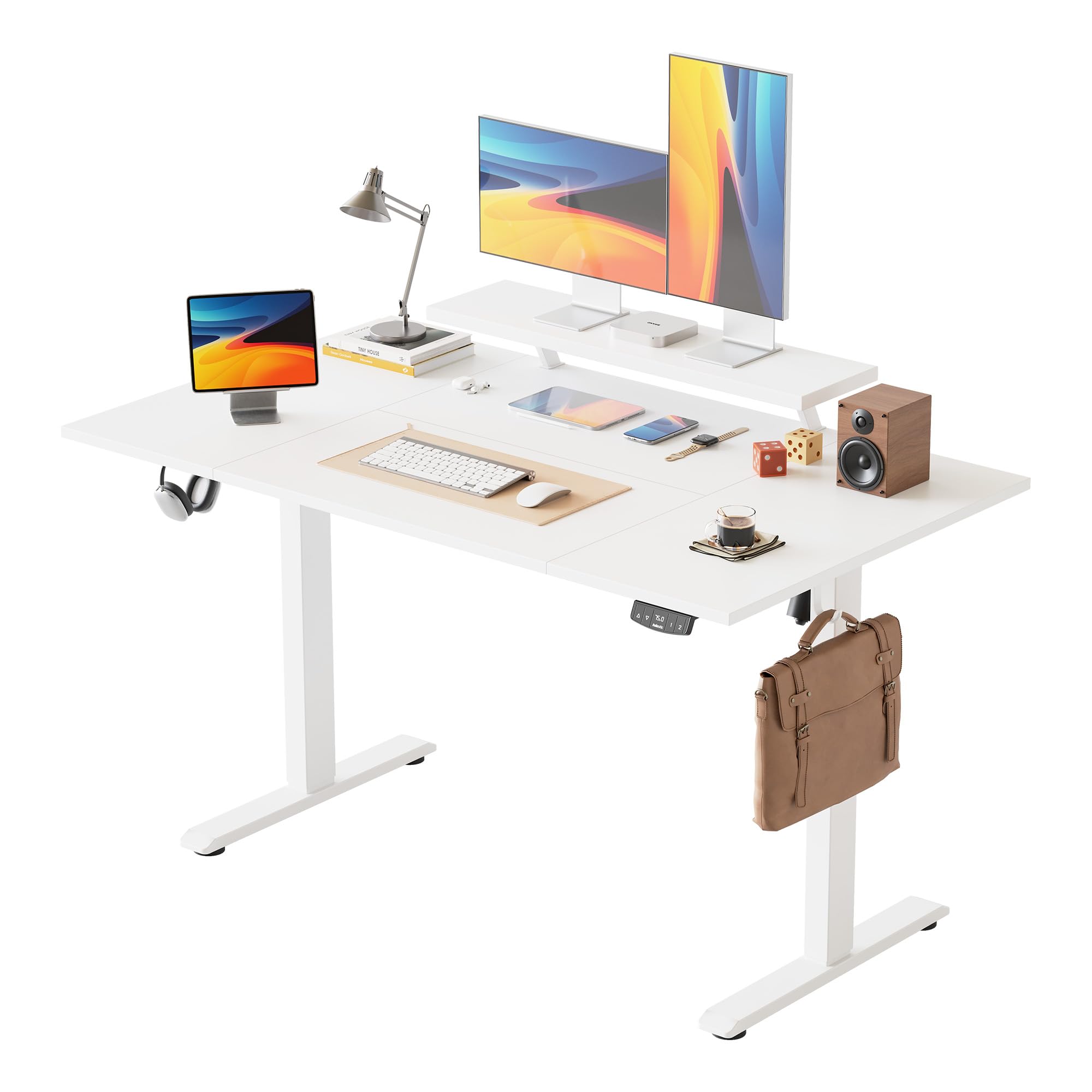 Agilestic Electric Standing Desk with Movable Monitor Stand, Height Adjustable Desk with 2 Memory Buttons, 140 x 80 cm, for Home Office, White