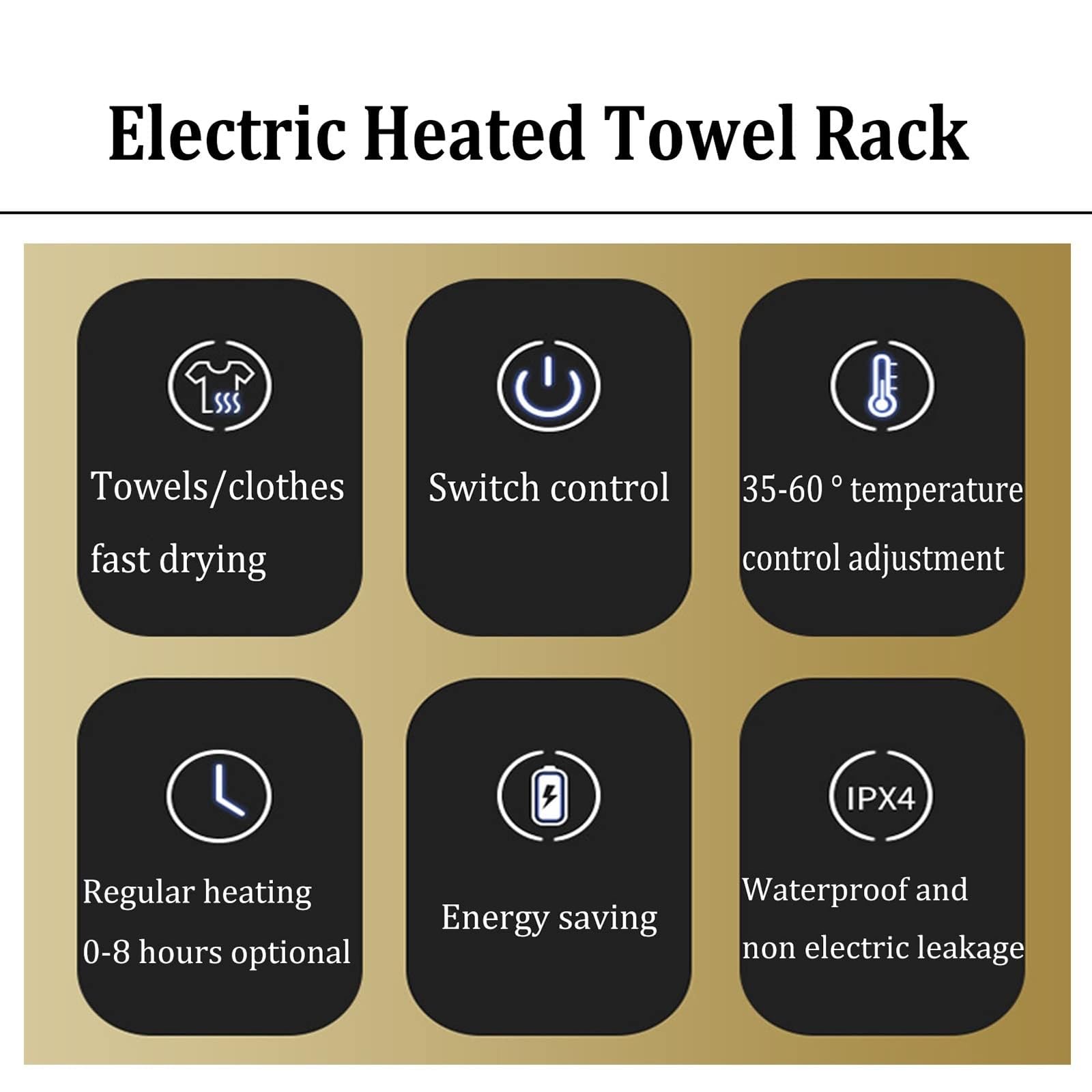 Toallero eléctrico con calefacción, calentador de toallas de pared con pantalla táctil digital, termostato de 35-60 °C, temporizador de 0-8 horas, aluminio, impermeable, para baño