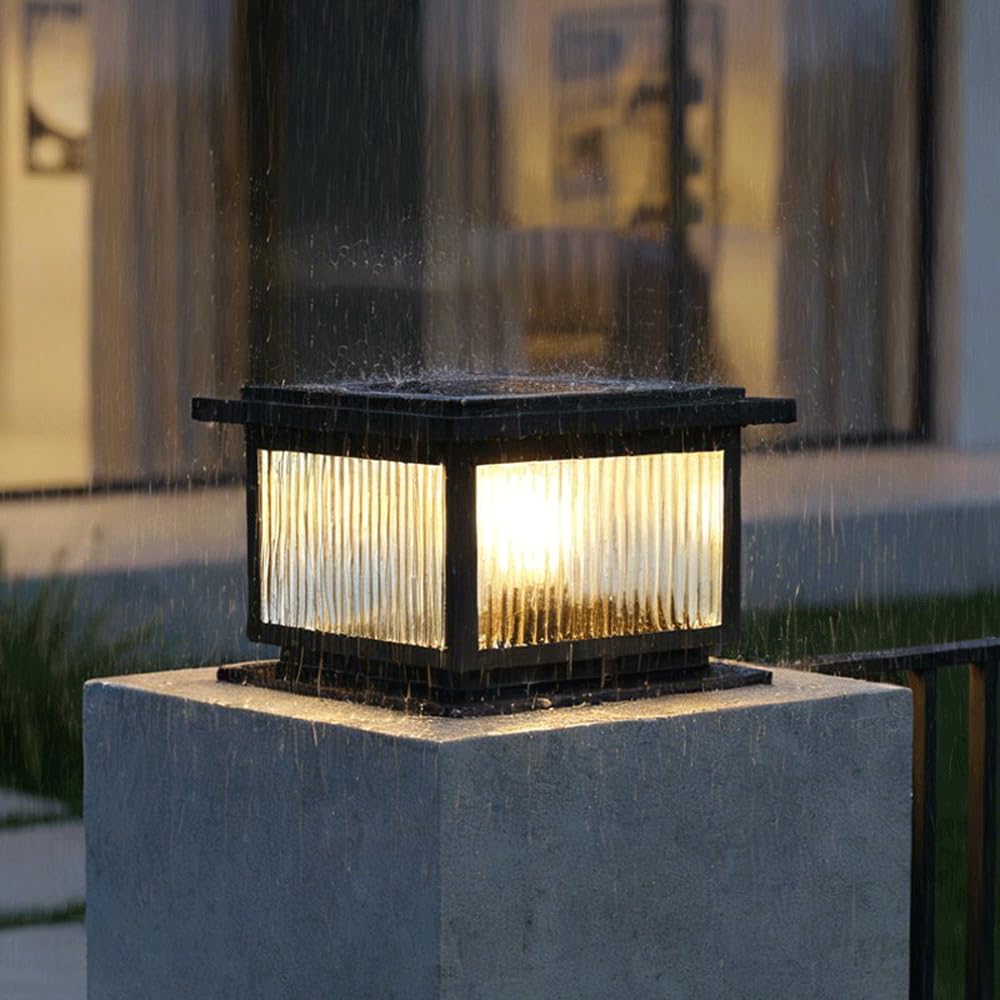 Solarne lampy słupkowe, zewnętrzna, wodoodporna, odlewana aluminiowa lampa kwadratowa z podstawą do montażu na molo, czarna latarnia tarasowa do ogrodu, na podwórko