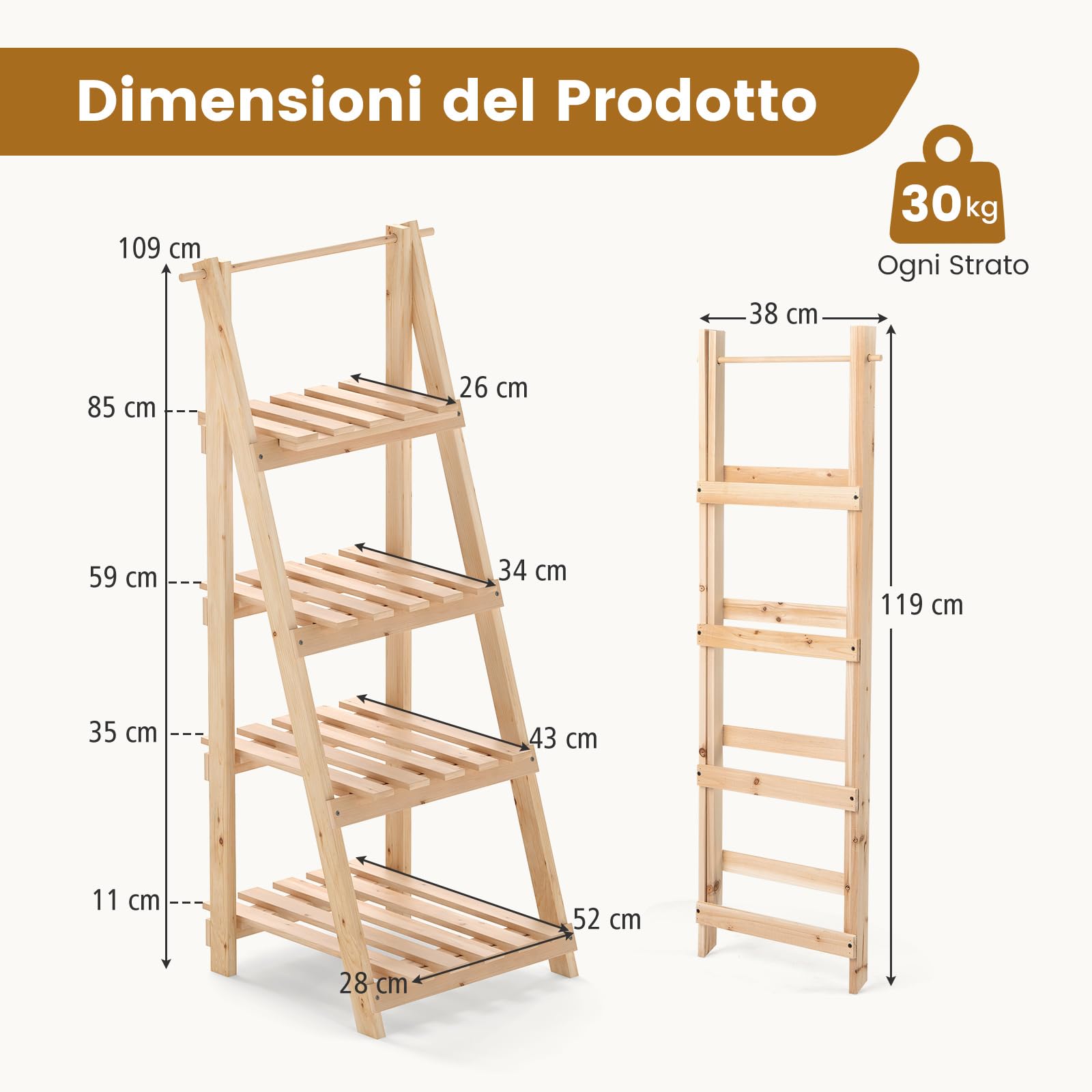 COSTWAY Scaffale Porta Piante a Scala Pieghevole, Scaffale per Vasi in Legno a 4 Livelli, Supporto Porta Fiori da Interno per Soggiorno Camera da Letto, Balcone