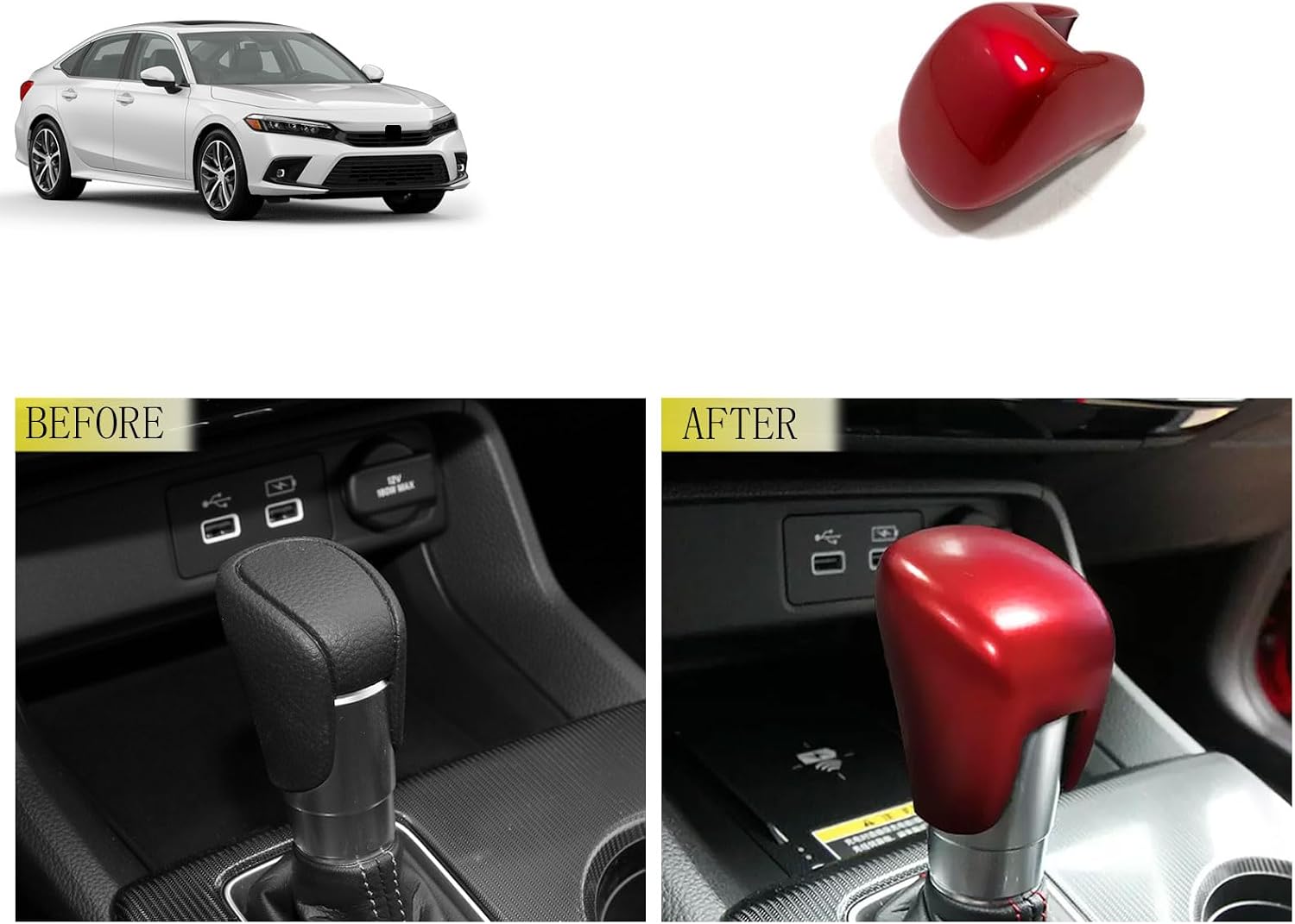 Gear Shift knob Cover Compatible with Honda Civic 11TH GEN 2026 2025-2022 Center Console Shifter Trim Automatic Transmission Decoration Interior Car Accessories ABS 1PC(Red)