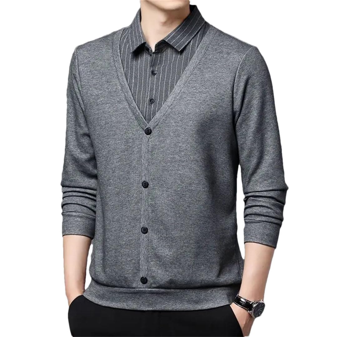 Camiseta formal de manga larga con botones y cuello vuelto para hombre, diseño de retazos a rayas, color contrastante, para negocios