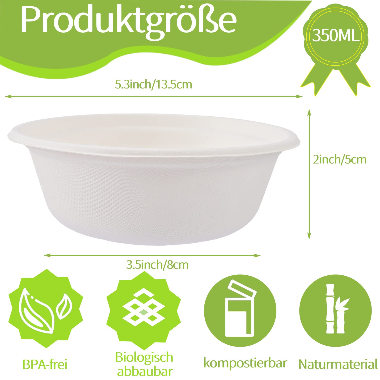 BIOZOYG 50 Bols Jetables En Canne à Sucre 400ml - Vaisselle Compostable Biodégradable Ø18cm