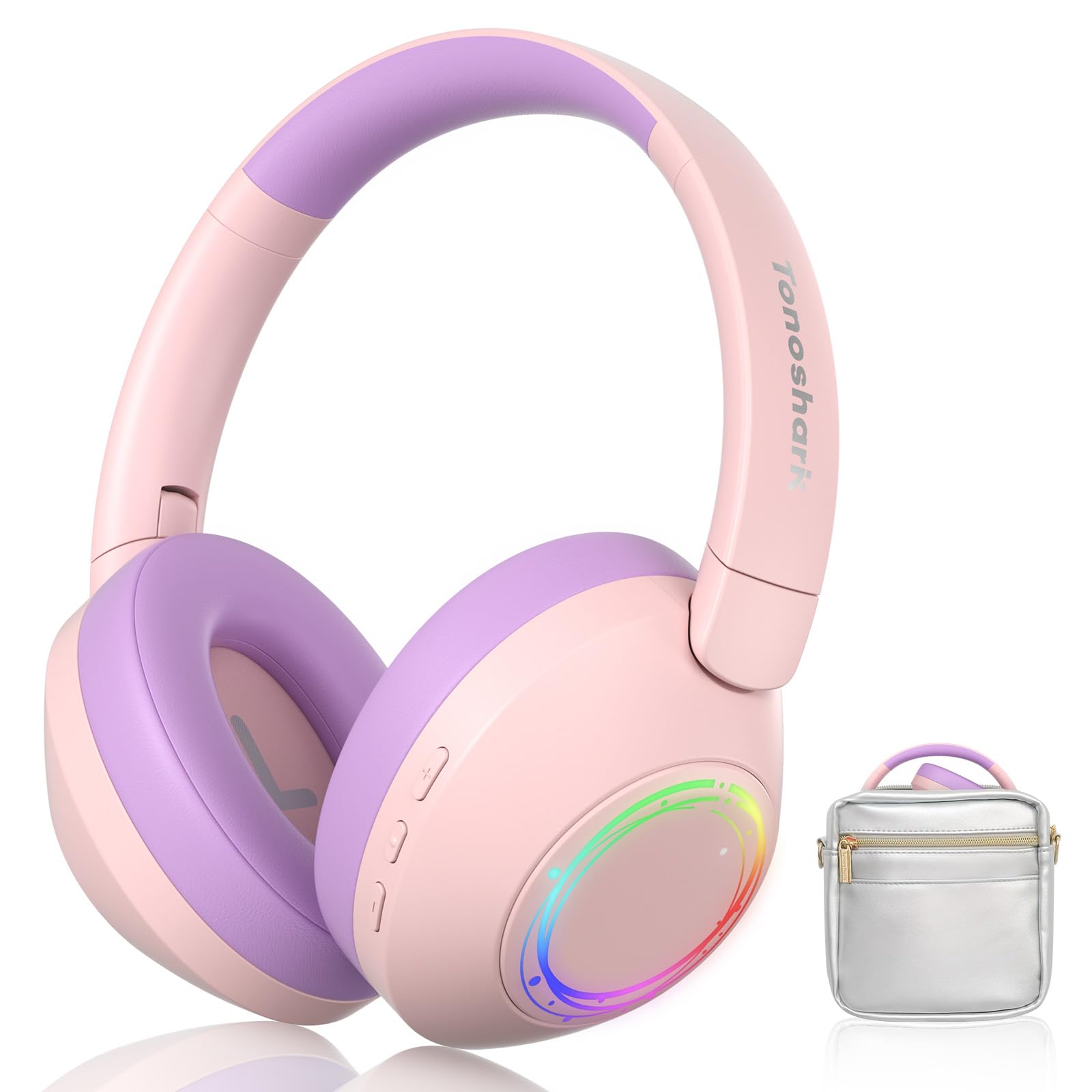 TONOSHARK Noise Cancelling Kopfhörer Kinder, Kinderkopfhörer Bluetooth, Bunte RGB LED Leuchte, 60h Spielzeit, Bluetooth 5.4, Headset Over Ear, Für Zuhause/Schule, Inkl. Kopfhörer Case (Rosa)