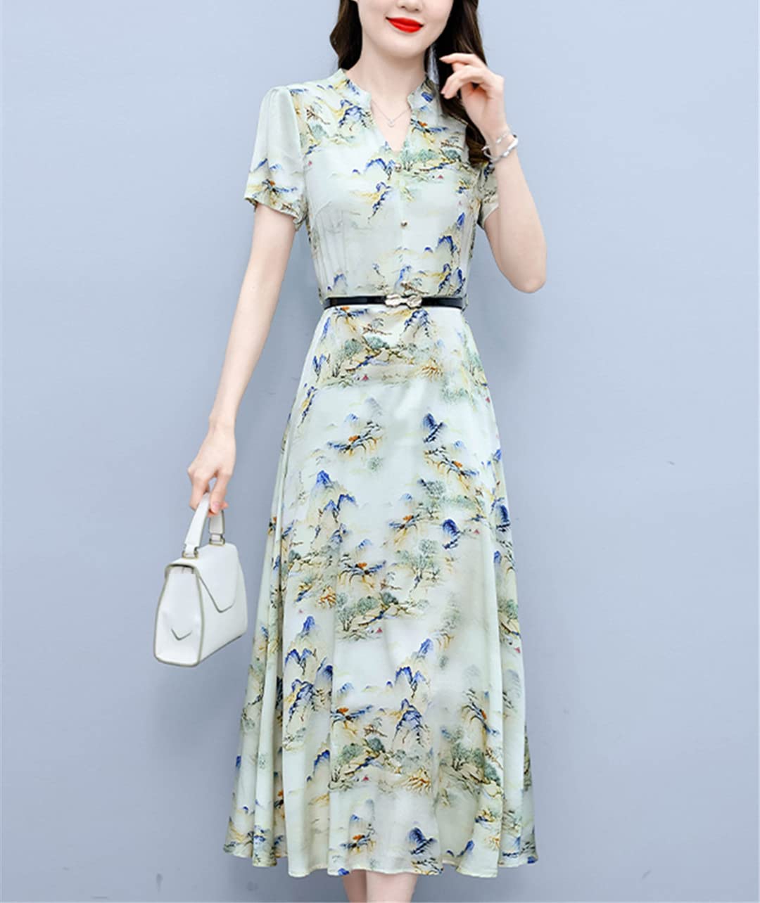 Abito estivo da donna, lungo, in raso, da spiaggia, casual, floreale, alla moda, a maniche corte, aderente, da sera