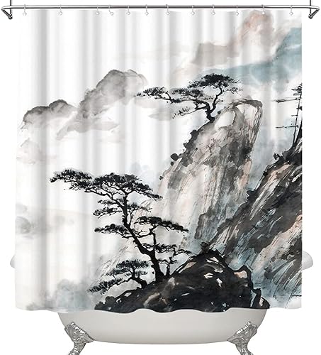 Wallall Cortina de baño con pico de montaña y pino, cortina de baño de paisaje natural, cortina de baño china tradicional con acuarela, juego de