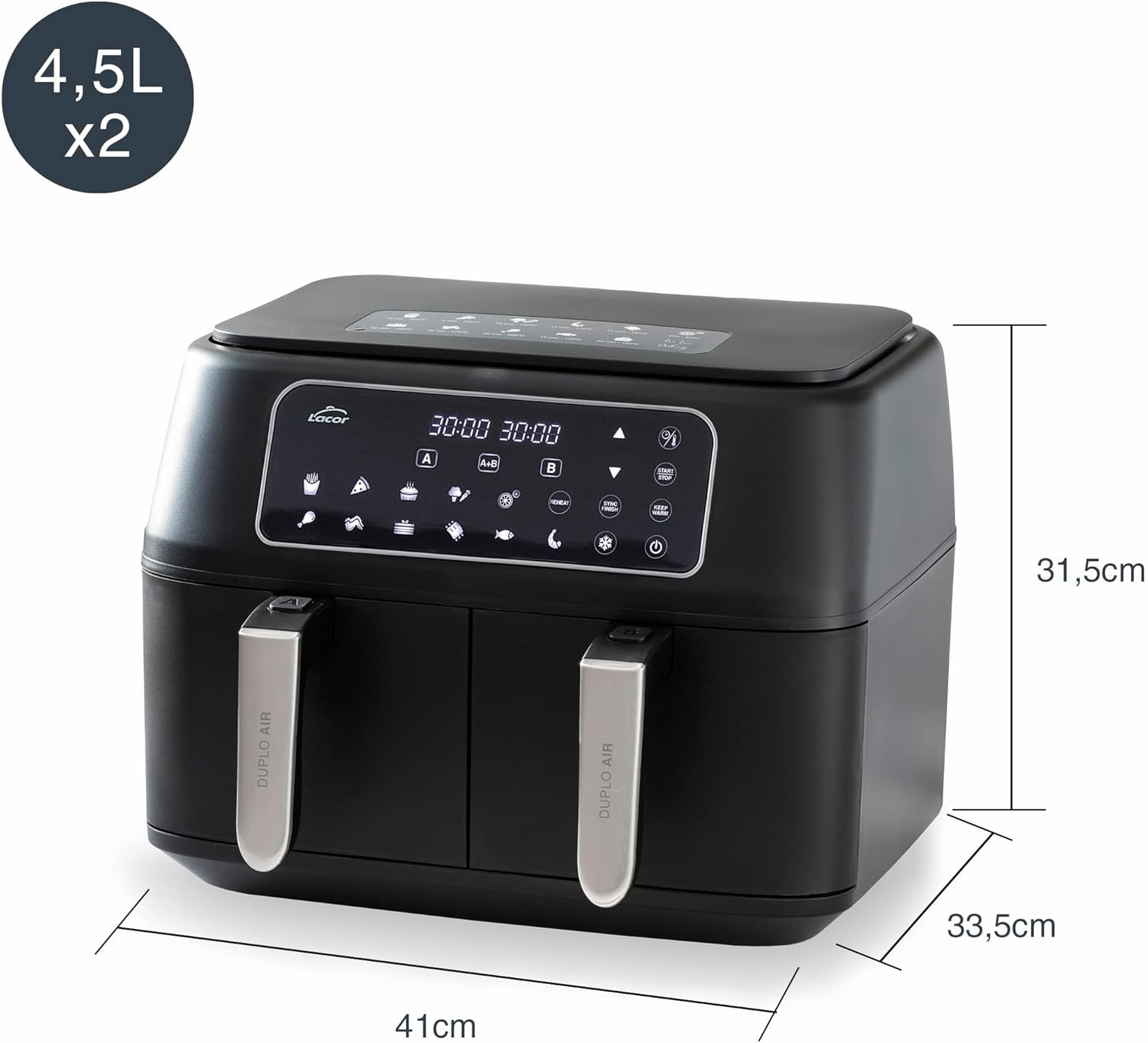 Lacor - 69508 - Friggitrice senza olio DuploAir, Friggitrice ad aria con touch screen, doppio cestello, 11 programmi, funzione disidratata, ECO antiaderente, 9L, 2400W Lacor - 69508 - Friggitrice senza olio DuploAir, Friggitrice ad aria con touch screen, doppio cestello, 11 programmi, funzione disidratata, ECO antiaderente, 9L, 2400W