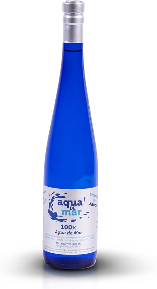 Agua de mar 750 ml - Hipertónica 100% - Botella de vidrio en azul cobalto con tapón de corcho natural - Aqua de Mar - Agua de Mar para beber.