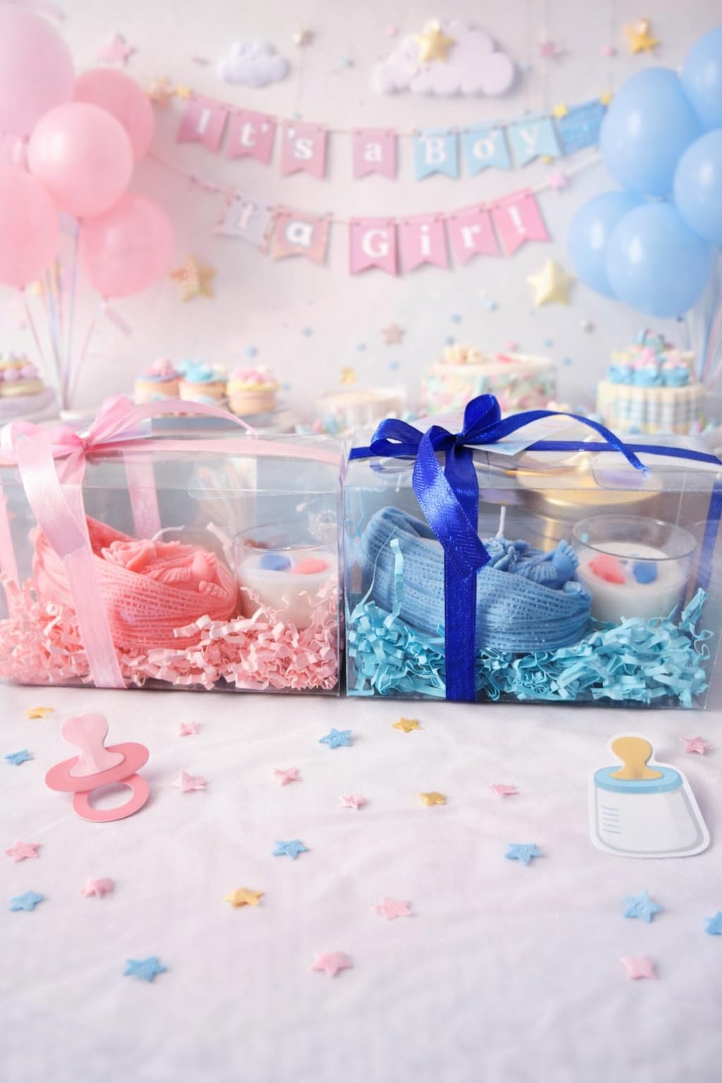 Gift Sets for Baby Shower, Decorative Candles for Baby Boy & Baby Girl Theme, Premium Return Gift Box, Baby Candle & Tealight with Thank You Card in 1 Box, Pack of 2 Boxes (Blue & Pink)