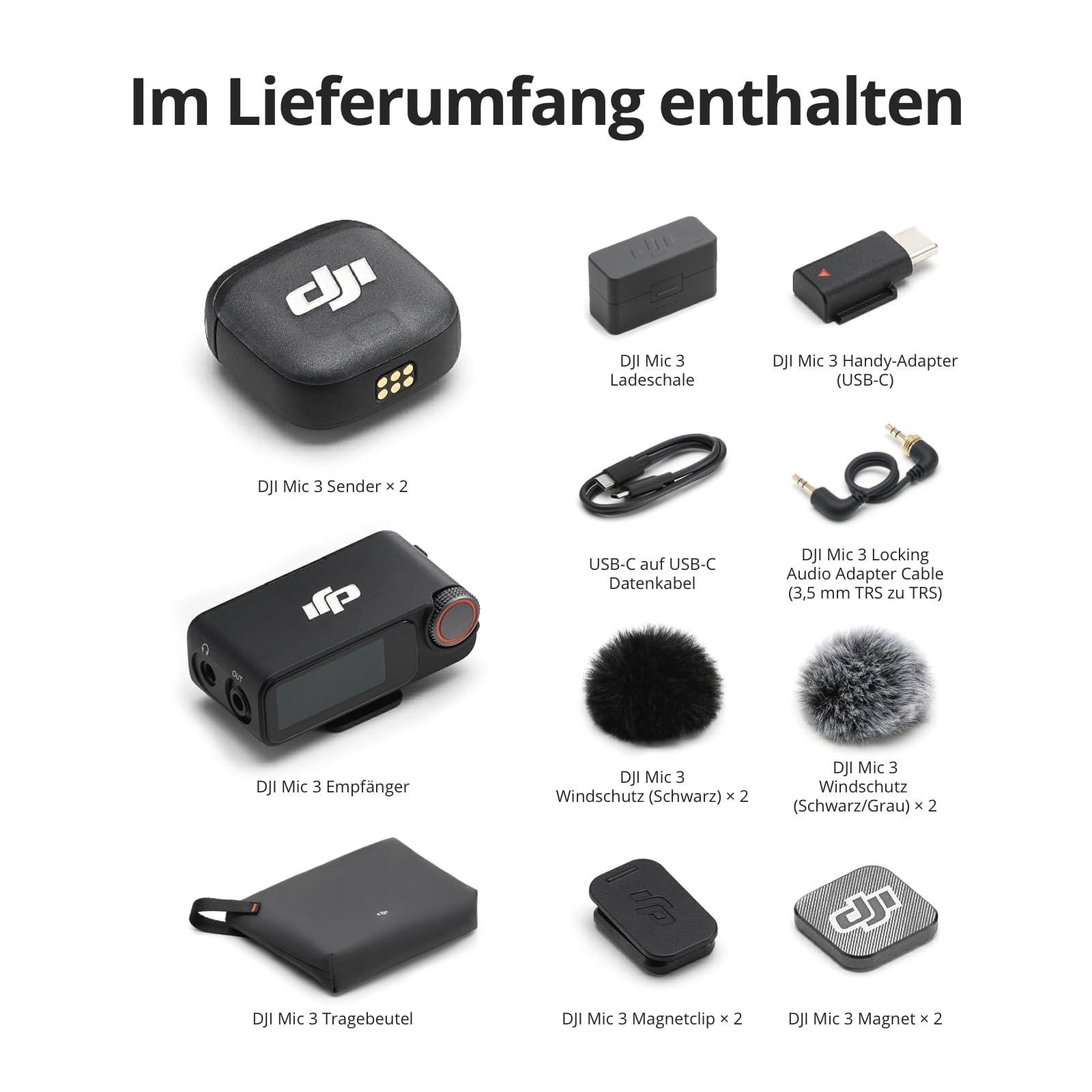 DJI Mic 3 (2 Sender, 1 Empfänger, Ladeschale), Kabelloses Lavalier Mikrofon für iPhone/Kamera/Android, Clip-on-Mikrofon für Videoaufnahmen, Tiktok, YouTube Podcast Content Creator
