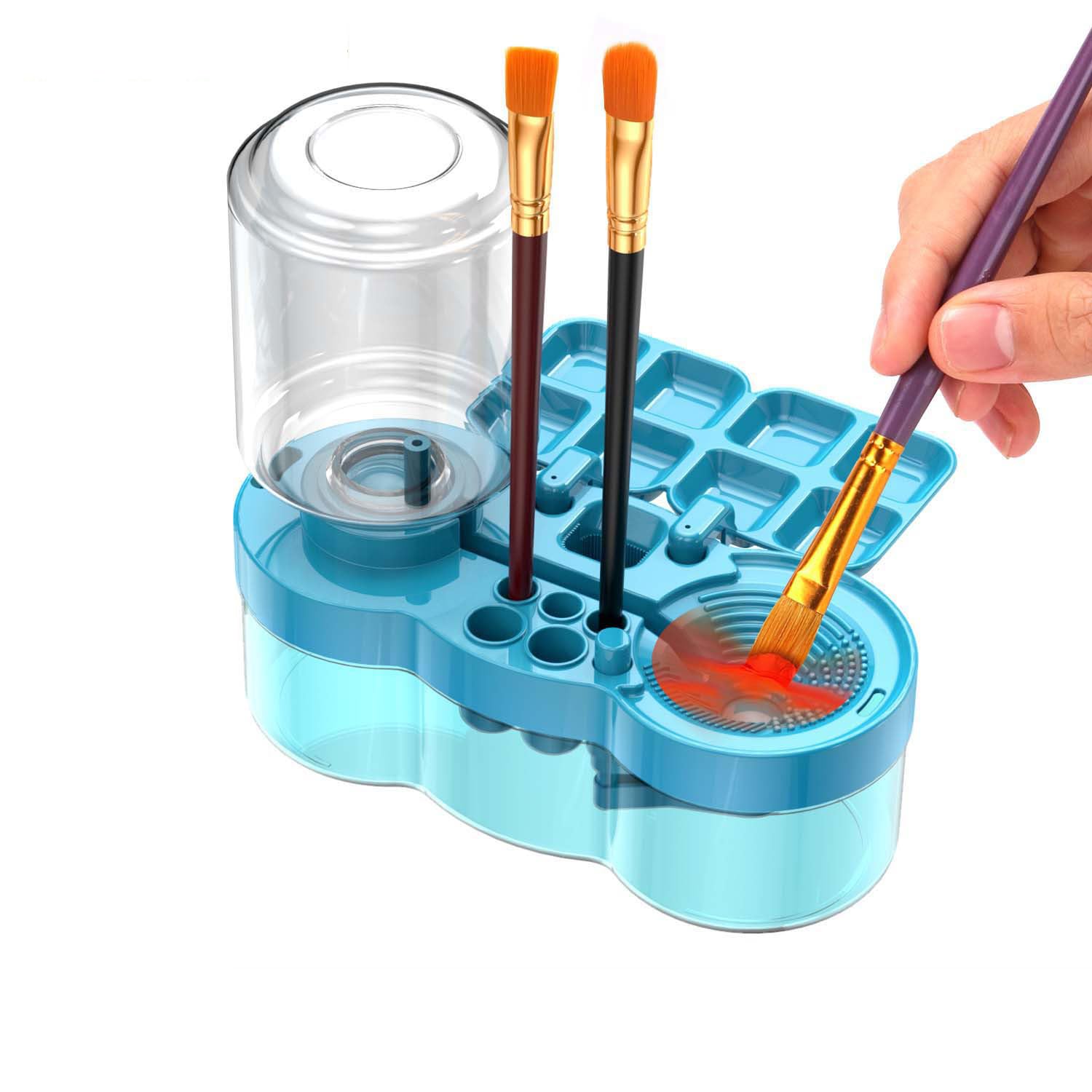 4-in-1 Water Cycle Paint Brush Cleaner Tool | 2025 Upgraded Leak-Proof Rinsing Cup with Palette & Holder | One-Touch Water Replacement Design | Art Supplies for Kids/Adults Beginners to Pros Blue