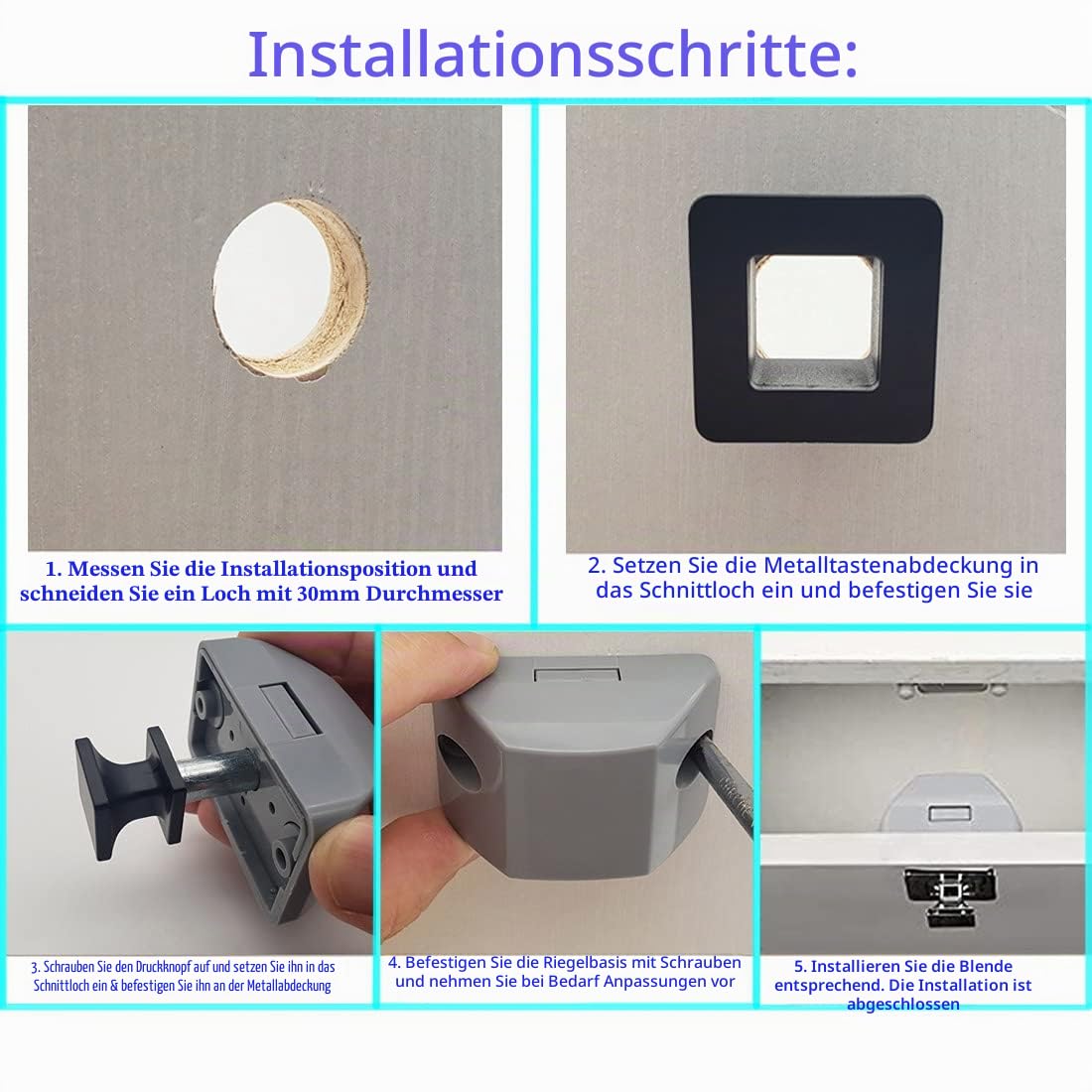 Metall-Druckknopf-Verriegelung, quadratisch, Wohnmobil-Druckknopfverschluss, Schwarz, 6 Stück
