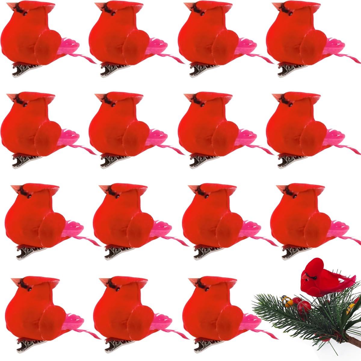 Flueyer - 24 uccelli cardinali rossi artificiali con clip su albero di