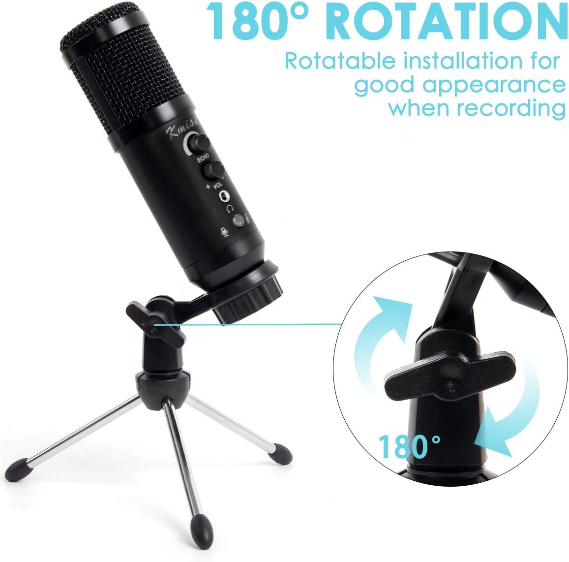 Dimensions of the Kmise USB microphone and its stand.