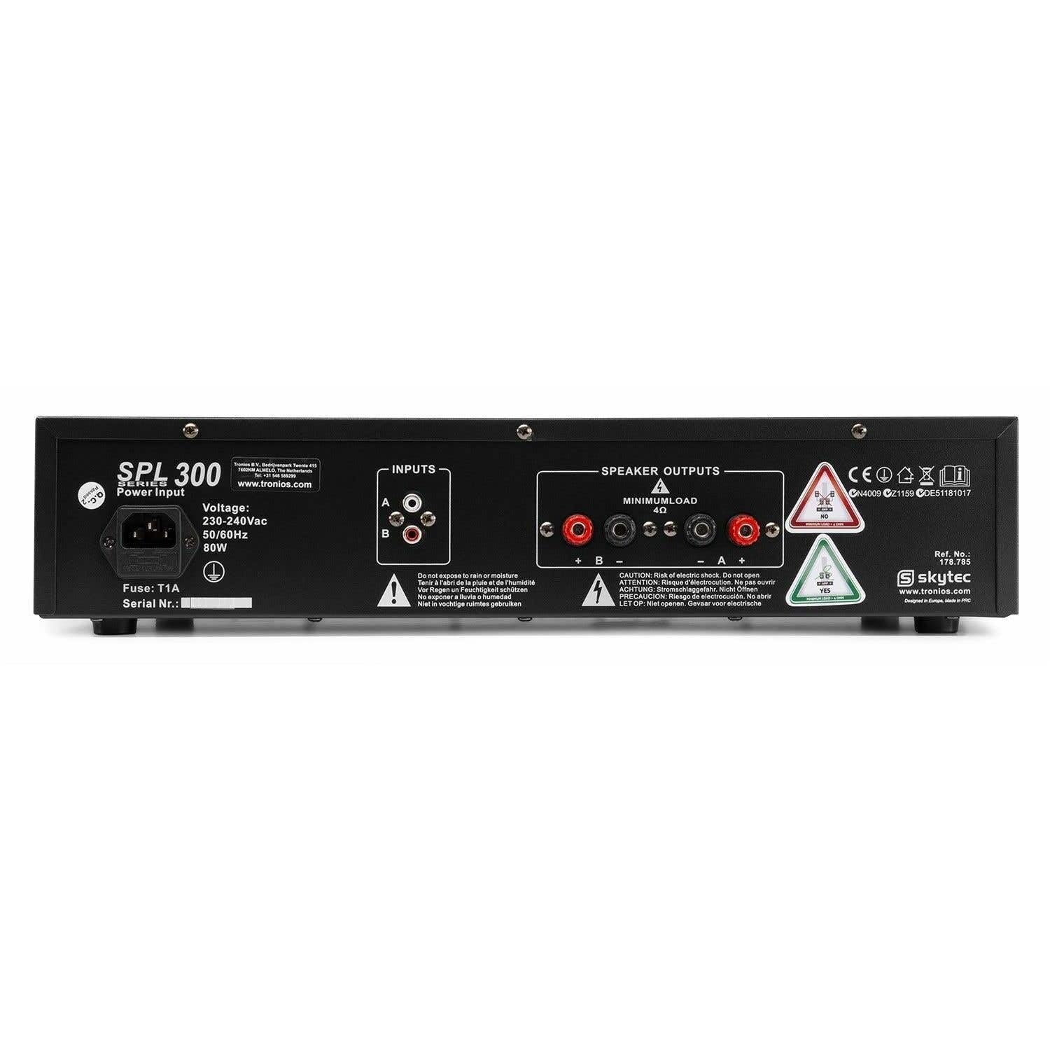 SkyTec SPL300 PA Verstärker Endstufe 300 Watt, mit 3-Band-Equalizer, 3 Kanal Input, Chinch, AUX, ideal für kleine DJ Boxen, Clubs, Bars und Gastronomie, Schwarz