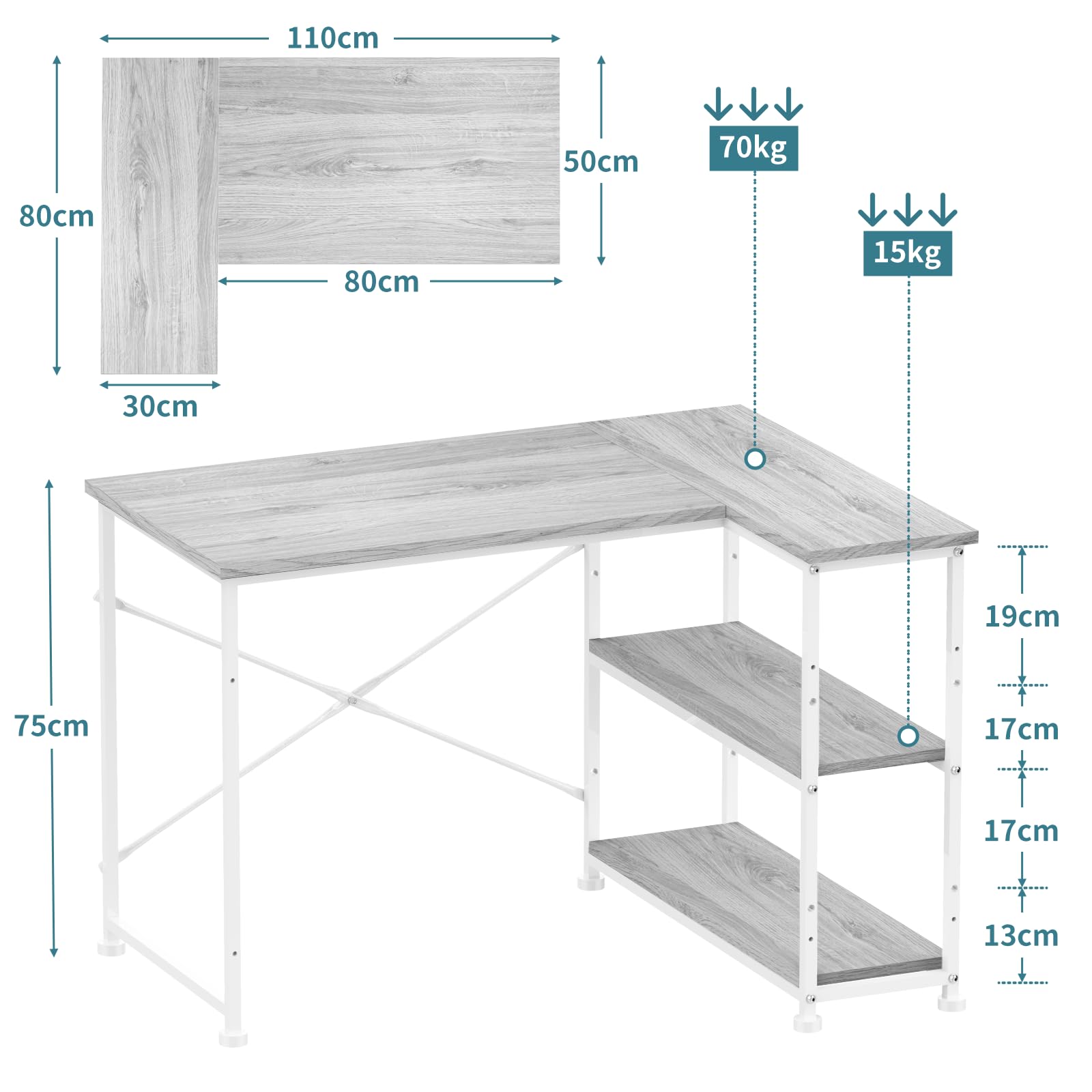 TRIUMPHKEY Scrivania ad Angolo Reversibile 110 x 80cm, Scrivania a Forma di L con Ripiani,Tavolo da Lavoro,Struttura in Acciaio, per Computer, Ufficio, Studio and Soggiorno, Grigio