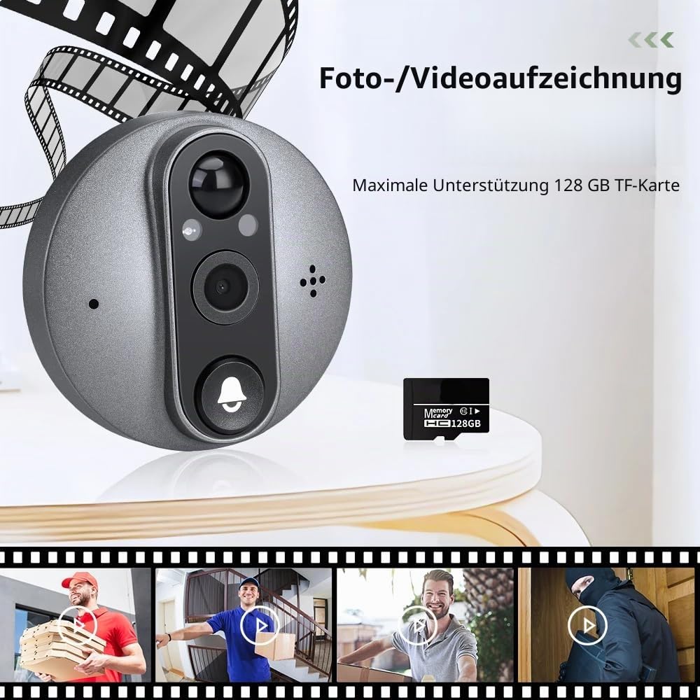 3PA1 WLAN Türspion Kamera mit 32GB Speicherkarte mit 4.3 Zoll Farbbildschirm 5000mAh Akku,2K Kabellose Video Türklingel Kamera mit 160°-Winkel, PIR-Bewegungserkennung,Zwei-Wege-Videoanruf