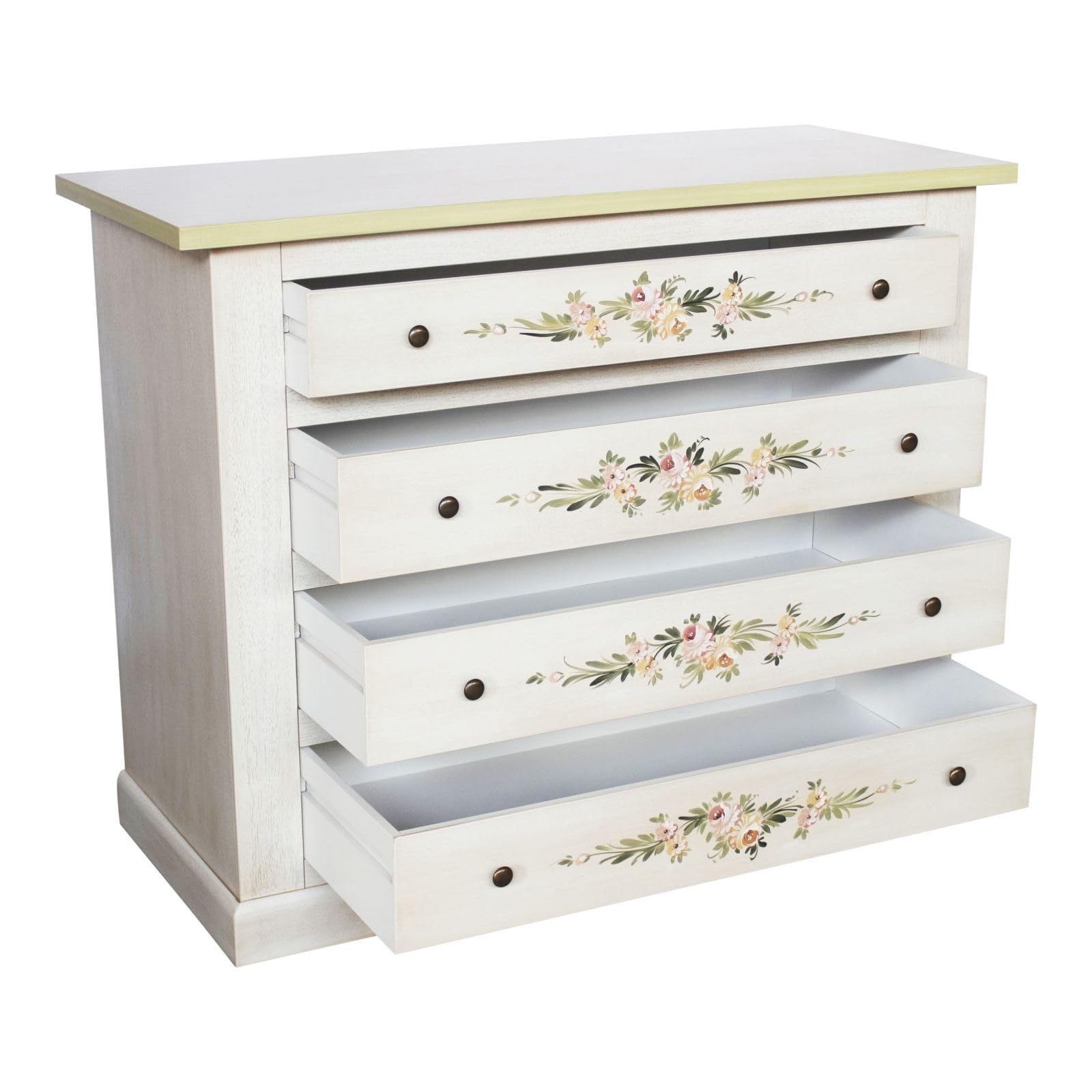 Vicentini arreda COMO' CASSETTIERA IN LEGNO SHABBY CHIC MOD TOSCANO BIANCO DECORATO A MANO FILO VERDE