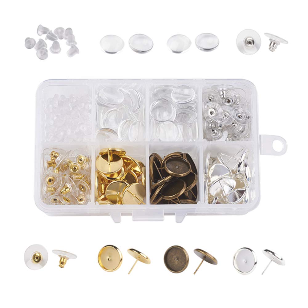 SiTey 1 Box DIY Earring Making Kit with Brass Stud Earring Findings Plastic/Brass Earring Ear Nuts/Earring Backs Earrings Backs and Transparent Glass Cabochons Flat Round