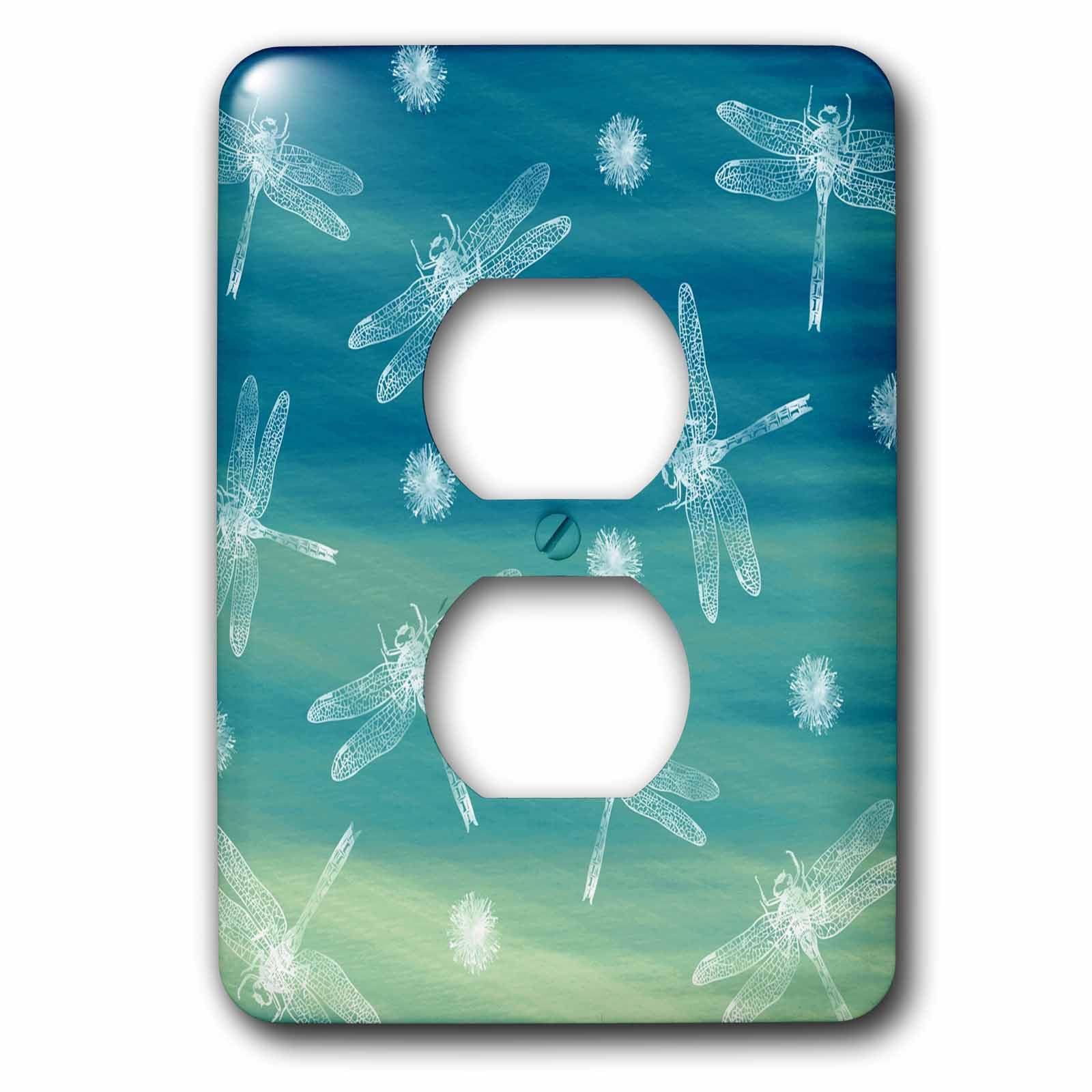 Cache-prises design libellules blanches fond bleu vert 3dRose finition premium lot de 2