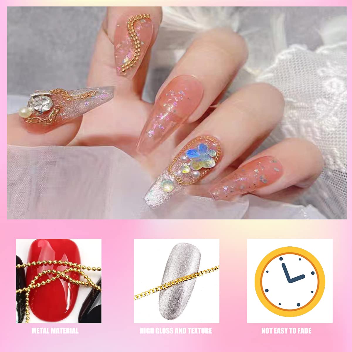Nail Chain Art Set - 4 Gold & Silver Metal Chains, 3D Nail Charms & Punk Studs for Manicure Design DIY Crafts - Image 3