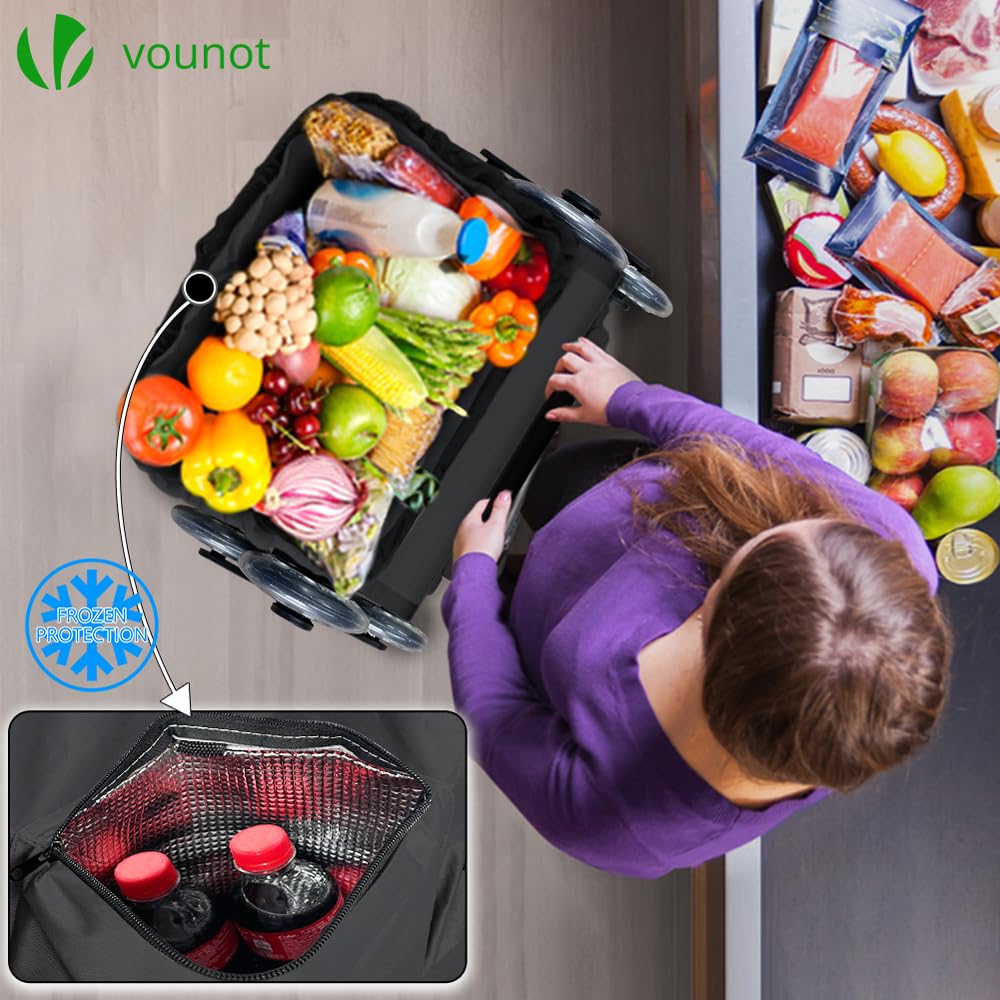 VOUNOT® Carrito Compra Plegable de Aluminio, Carro de la Compra 6 Ruedas con Bolsa Oxford Desmontable y Ganchos, 58L, Negro