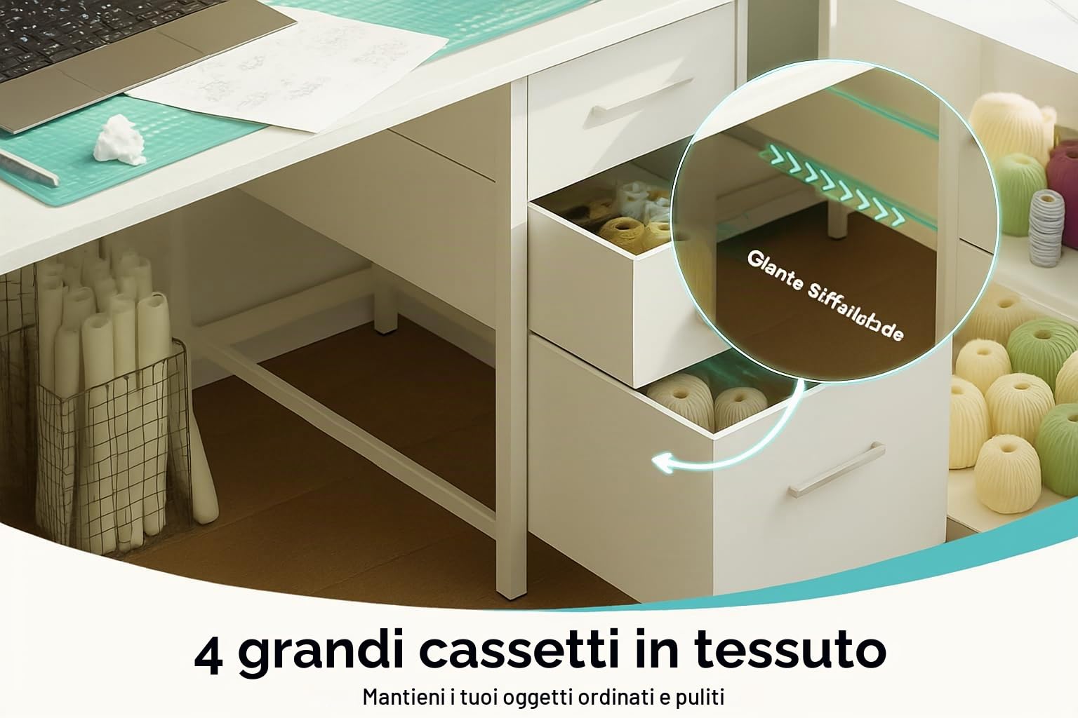Scrivania a forma di L con 3 cassetti in tessuto, 120 x 80 cm, scrivania angolare reversibile con supporto per monitor, spina e porta di ricarica USB per home office, bianco