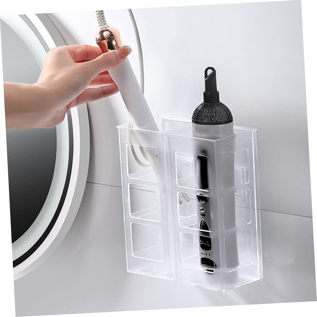 Happyyami 2pcs Hair Dryer Holder Wall-Mounted Curling Iron Storage Box No Drilling Hair Tool Organizer Blow Dryer Stand Space-Saving Bathroom Organizer