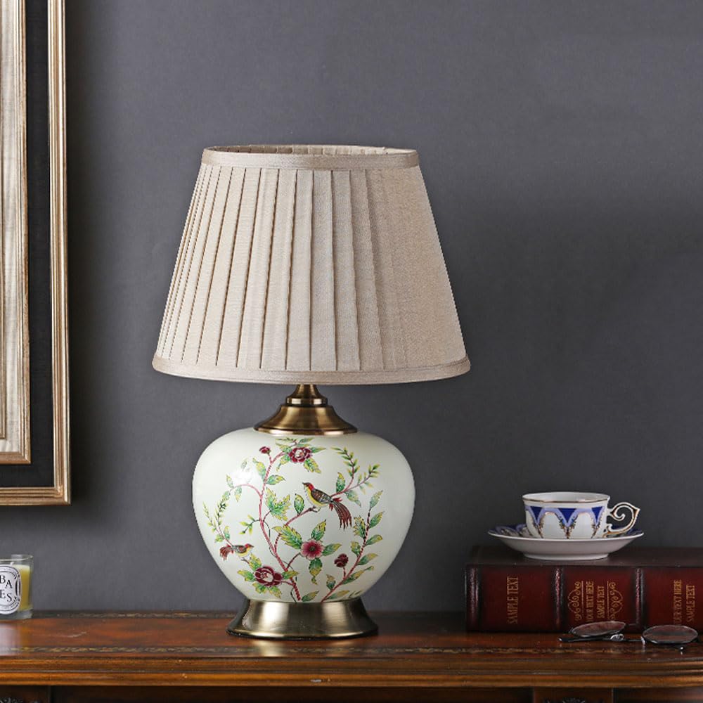SGKOMN American Flower And Bird Ceramic Table Lamp, Hand-Painted Chinoiserie Lamp, Fabric Lampshade Nightstand Lamp For Bedroom Living Room Office College Bookcase-B