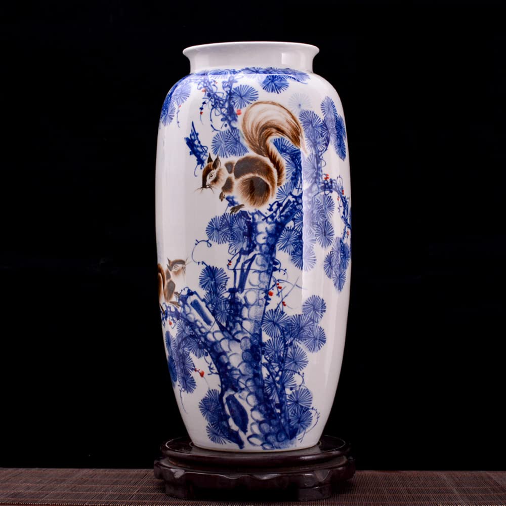 asdchZen Ceramic Master Hand-Painted Vase Flower Arrangement Living Room Home Decoration Vestibule Handicraft Ornaments With Wooden Base,A